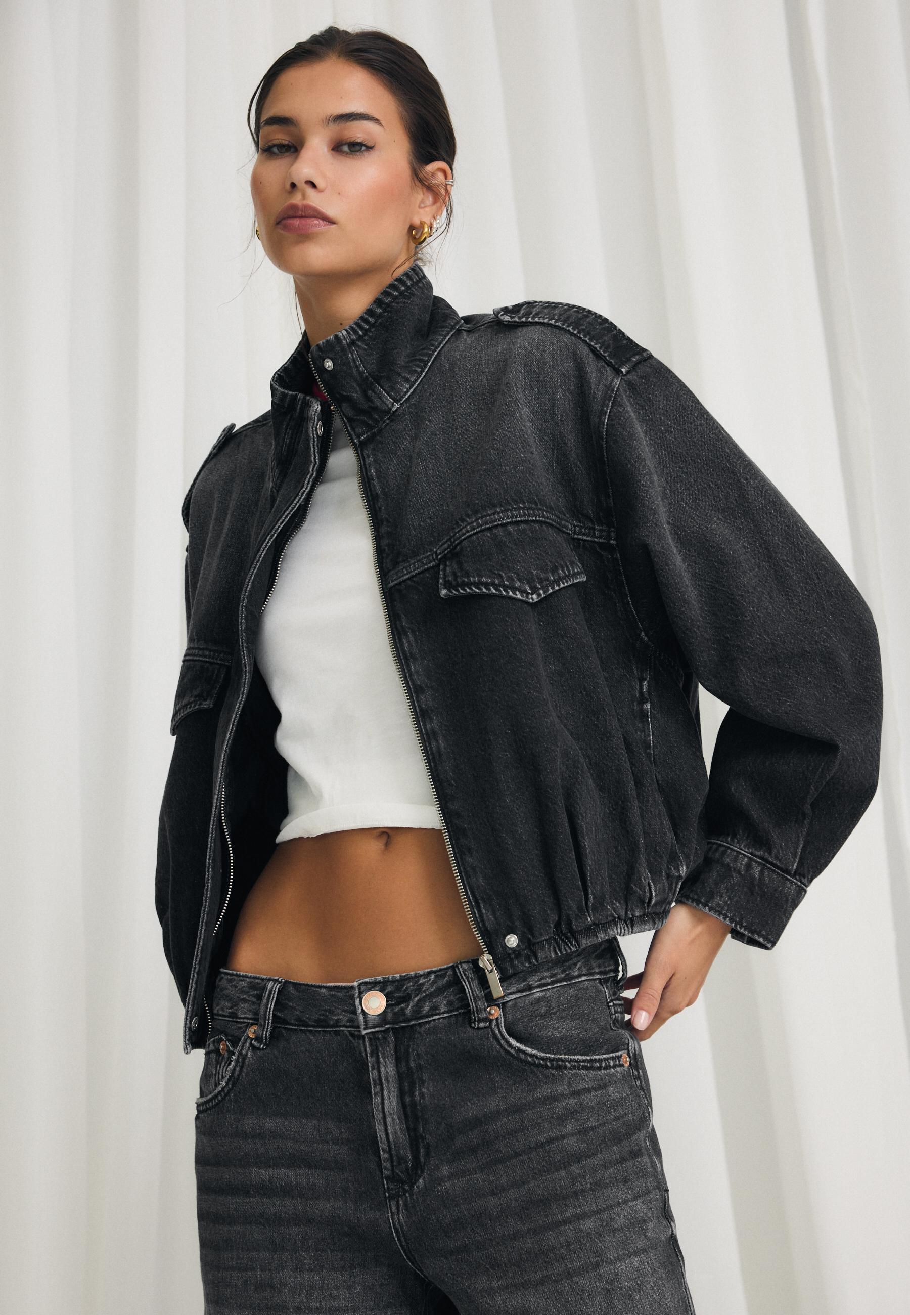 Stradivarius Denim Τζάκετ Balloon Ξεβαμμένο Μαύρο Xs