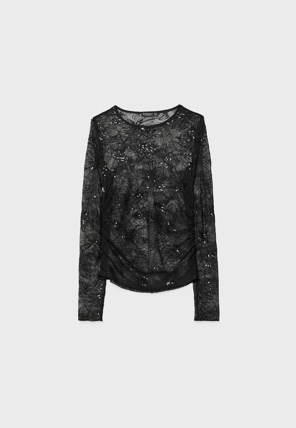 Halfdoorschijnend T-shirt met glitters en ruches