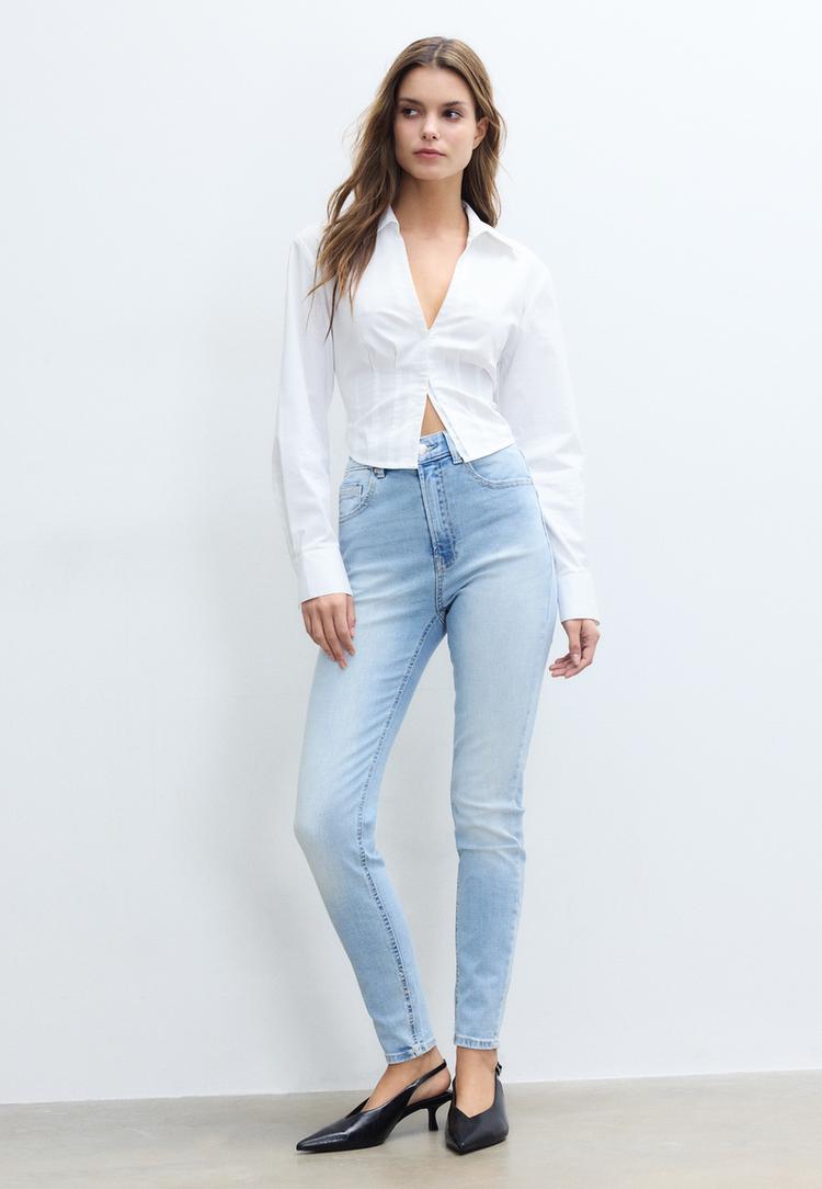 Stradivarius D09 Blugi Skinny Super High Waist Efect Prespălat Denim Albastru Deschis 38