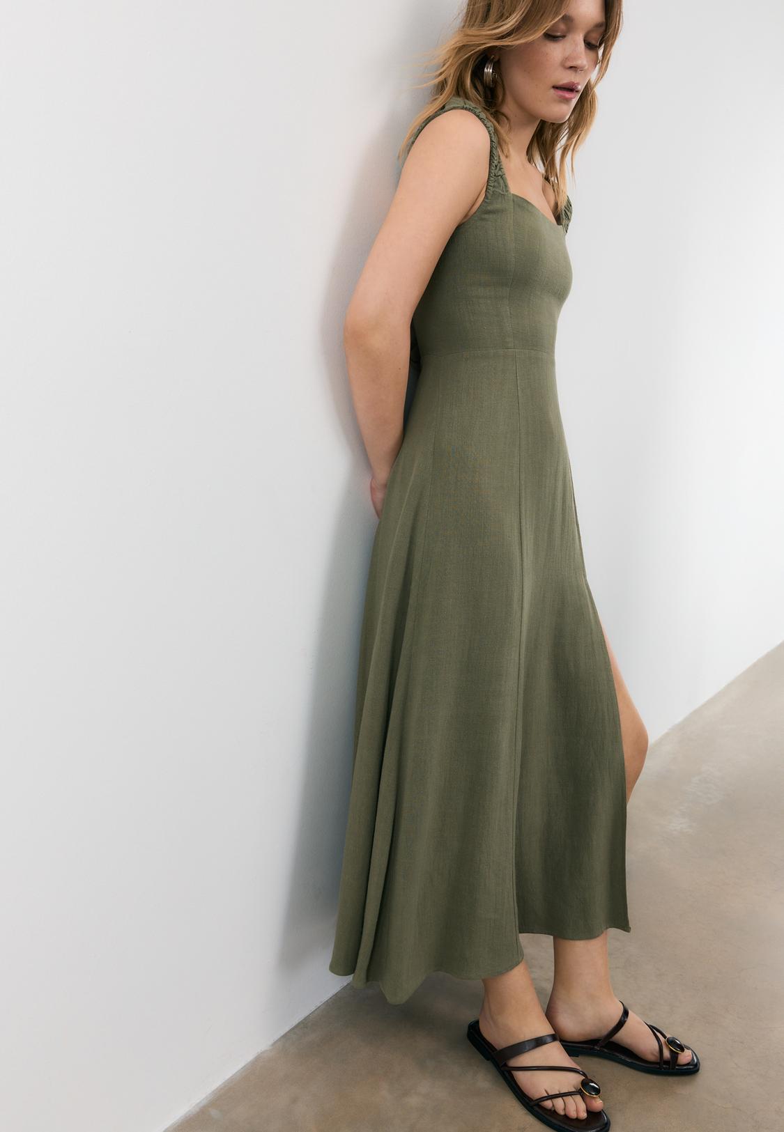 chinese dress ladies Amara Ruched Midi Linen Dress in Emerald main image 0