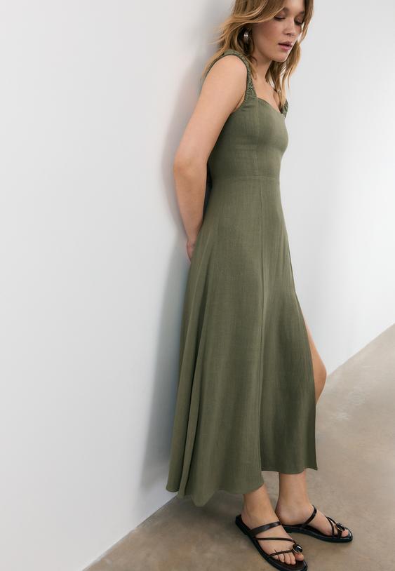 Stradivarius Linen-Look Cross-Back Midi Dress Khaki Xs