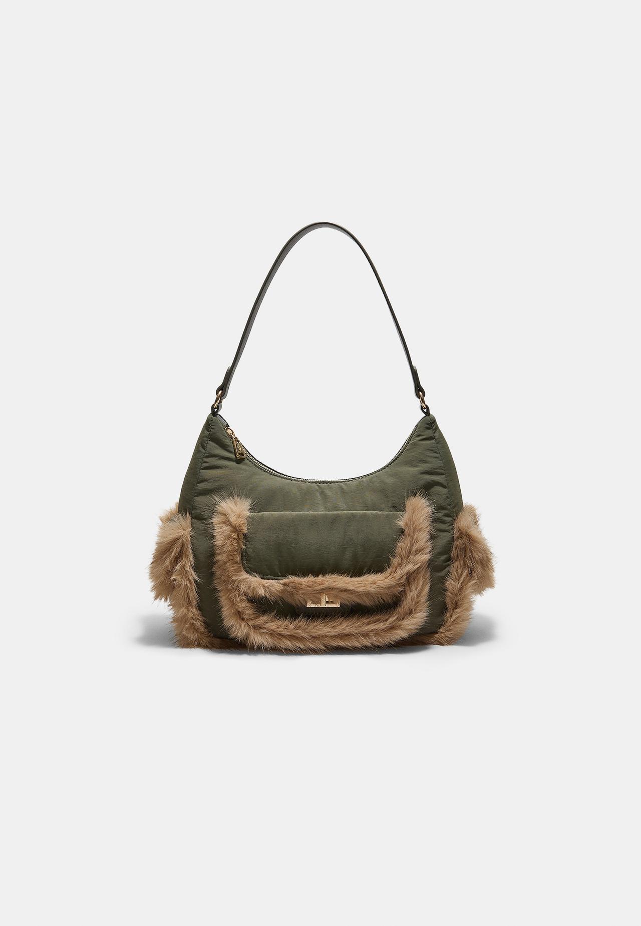 Faux fur pocket shoulder bag — Khaki