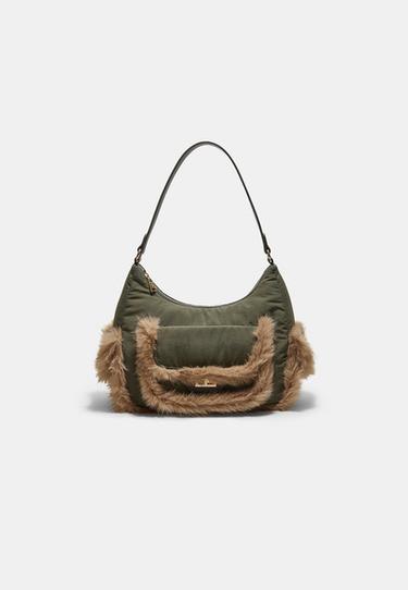 Faux fur pocket shoulder bag — Khaki 1