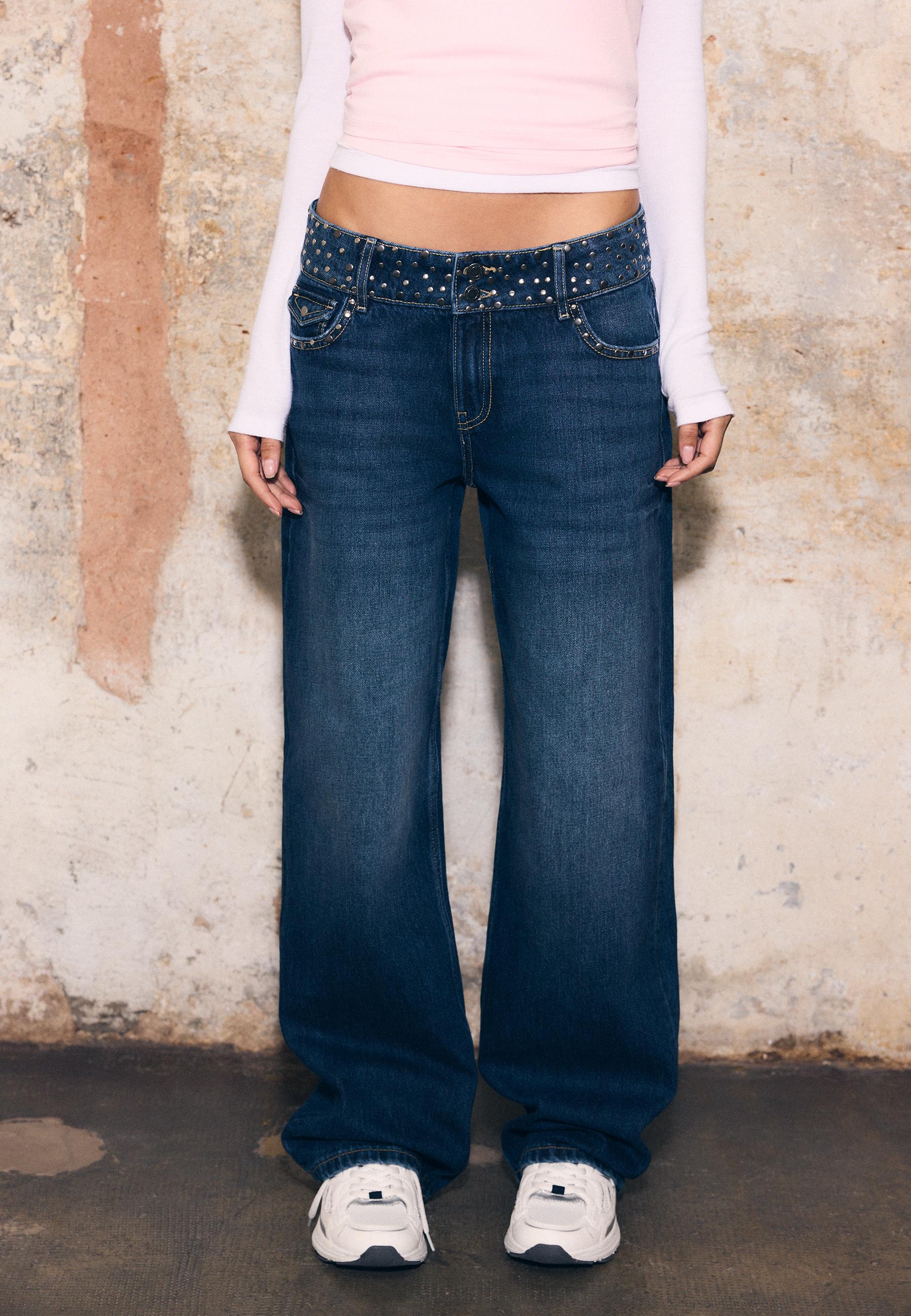 Straight jeans with studded waistband — BLACK DENIM WASHED EFFECT