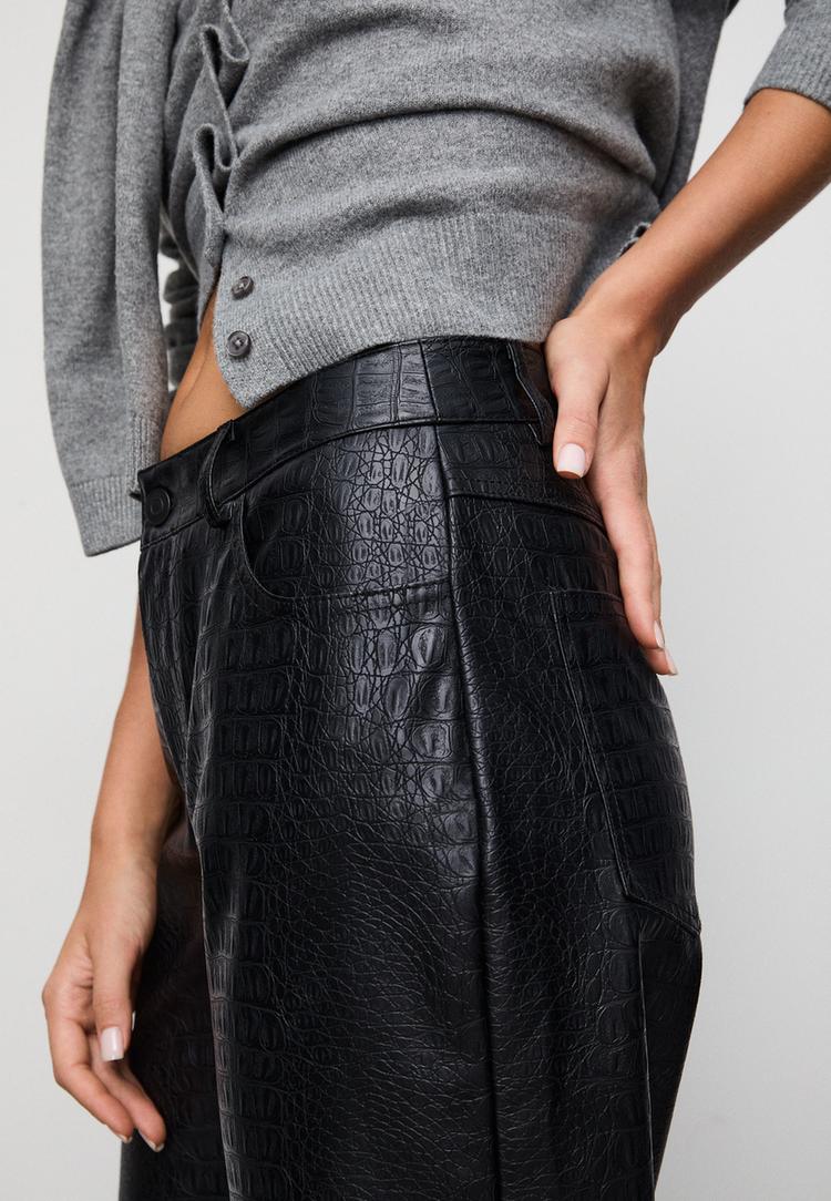 straight leg leather effect trousers with mock croc texture