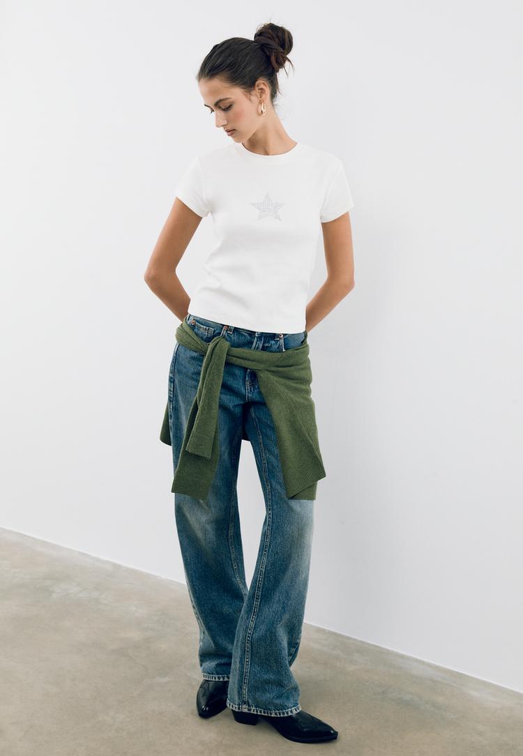 Stradivarius Tricou Fitted Cu Sclipici Alb Xl