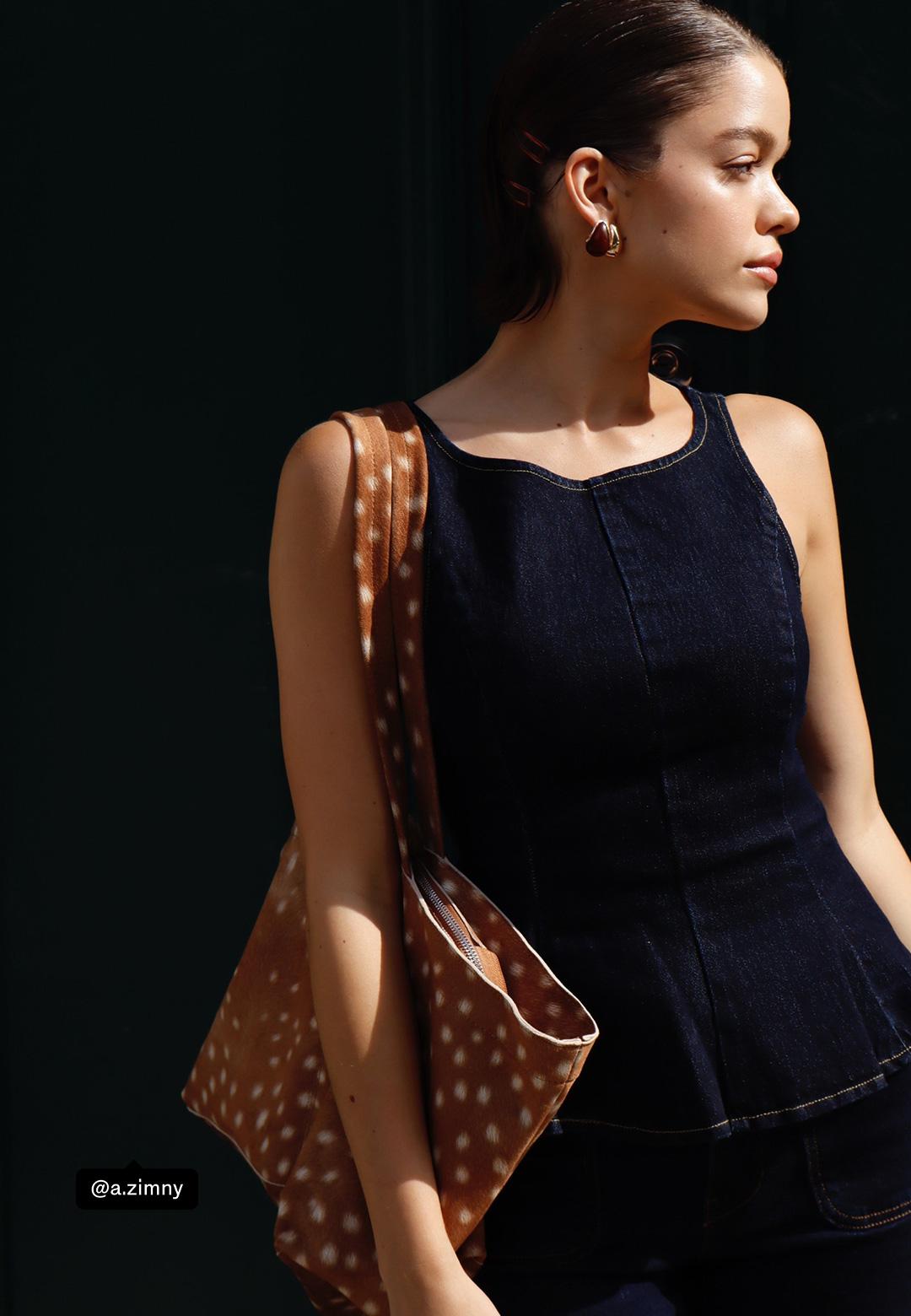 Sleeveless denim peplum top — OVERDYED BLUE DENIM