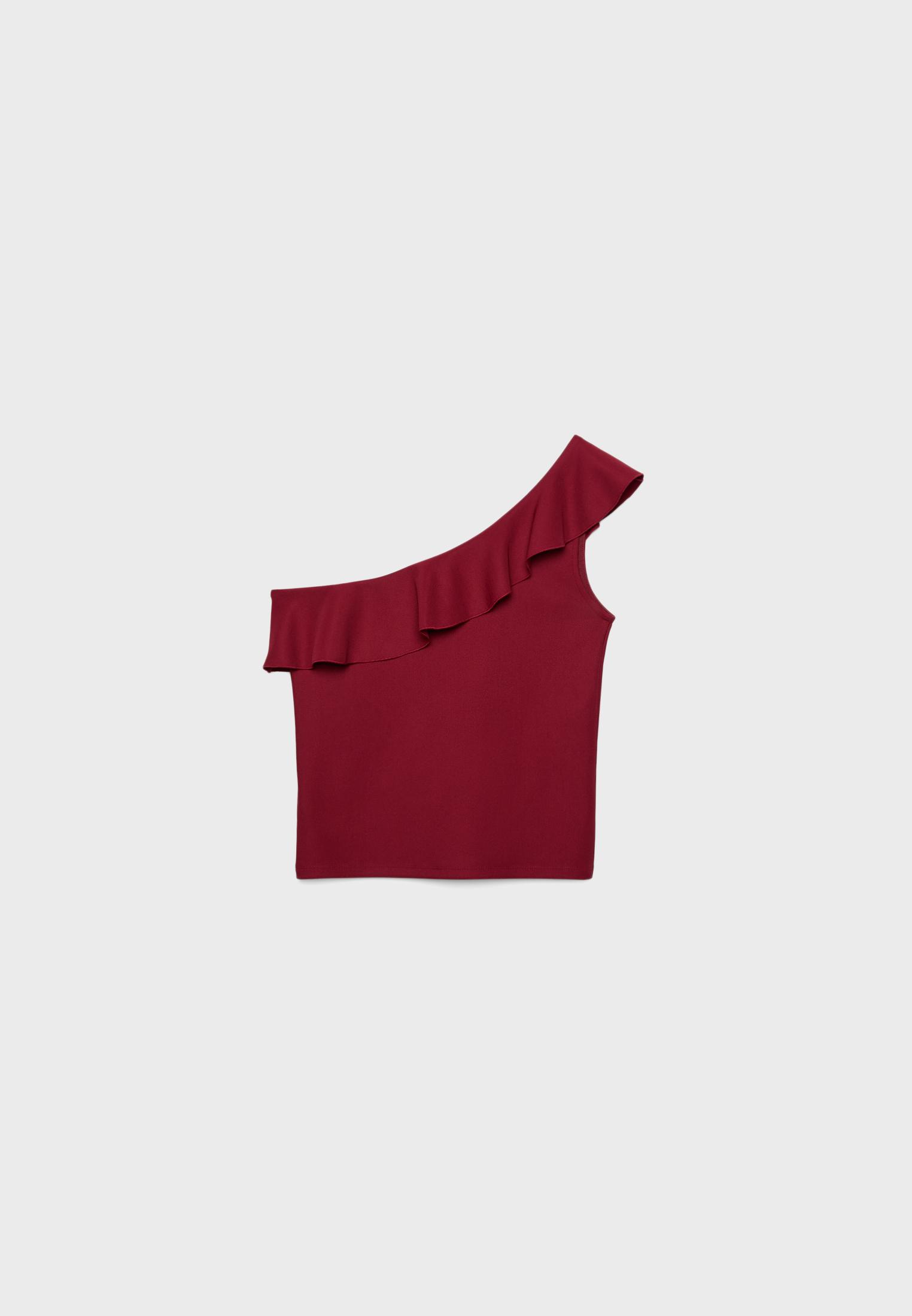 Asymmetric T-shirt with ruffle — Dark red