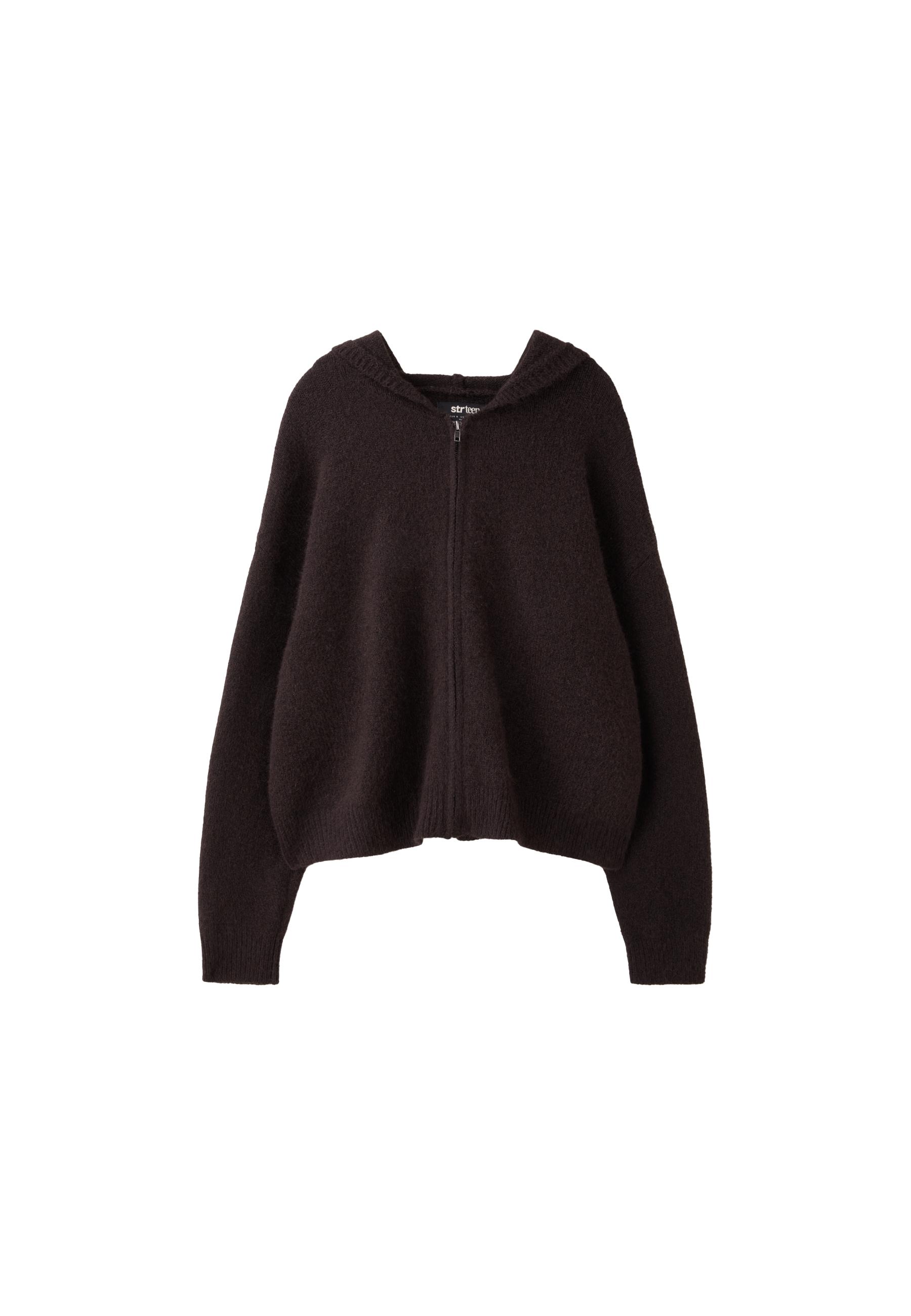Zipped hooded knit cardigan — Brown