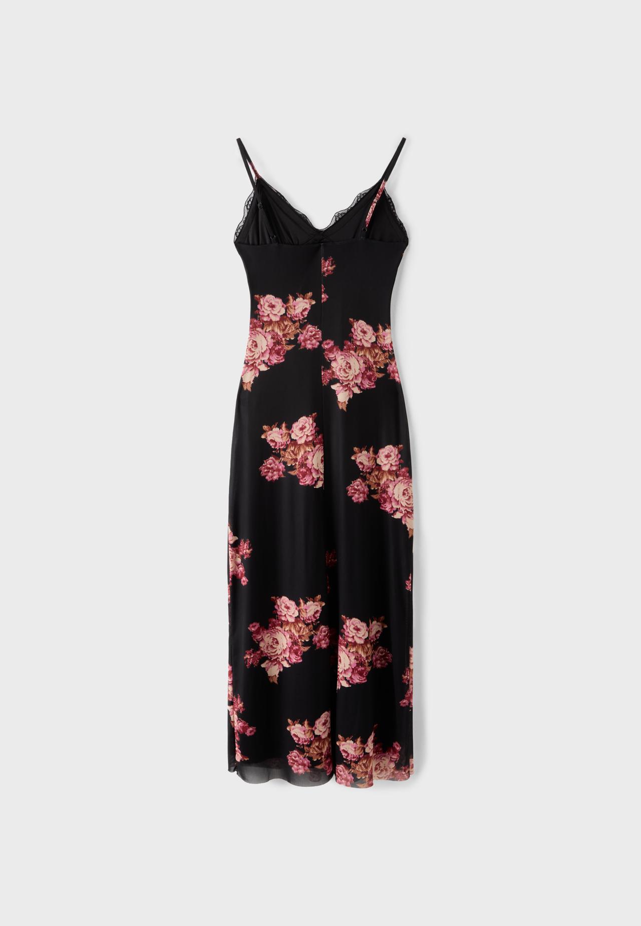 Floral tulle midi dress with lace — Black