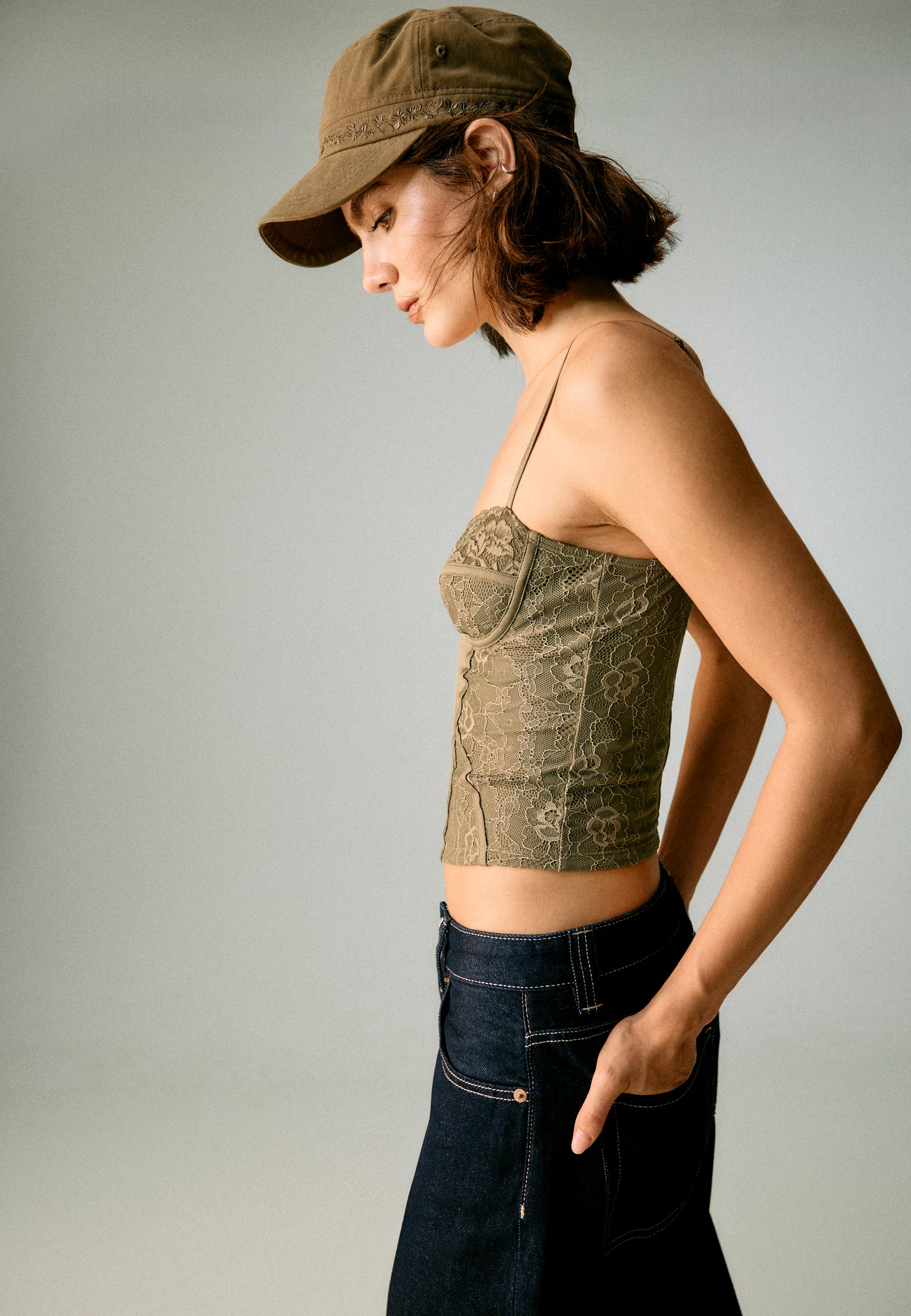 Lace corsetry-inspired top — Khaki