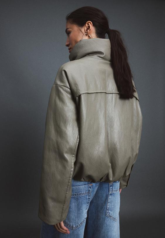 Stradivarius Καπιτονέ Τζάκετ Με Ψηλό Γιακά Και Όψη Δέρματος Γκρι Xs