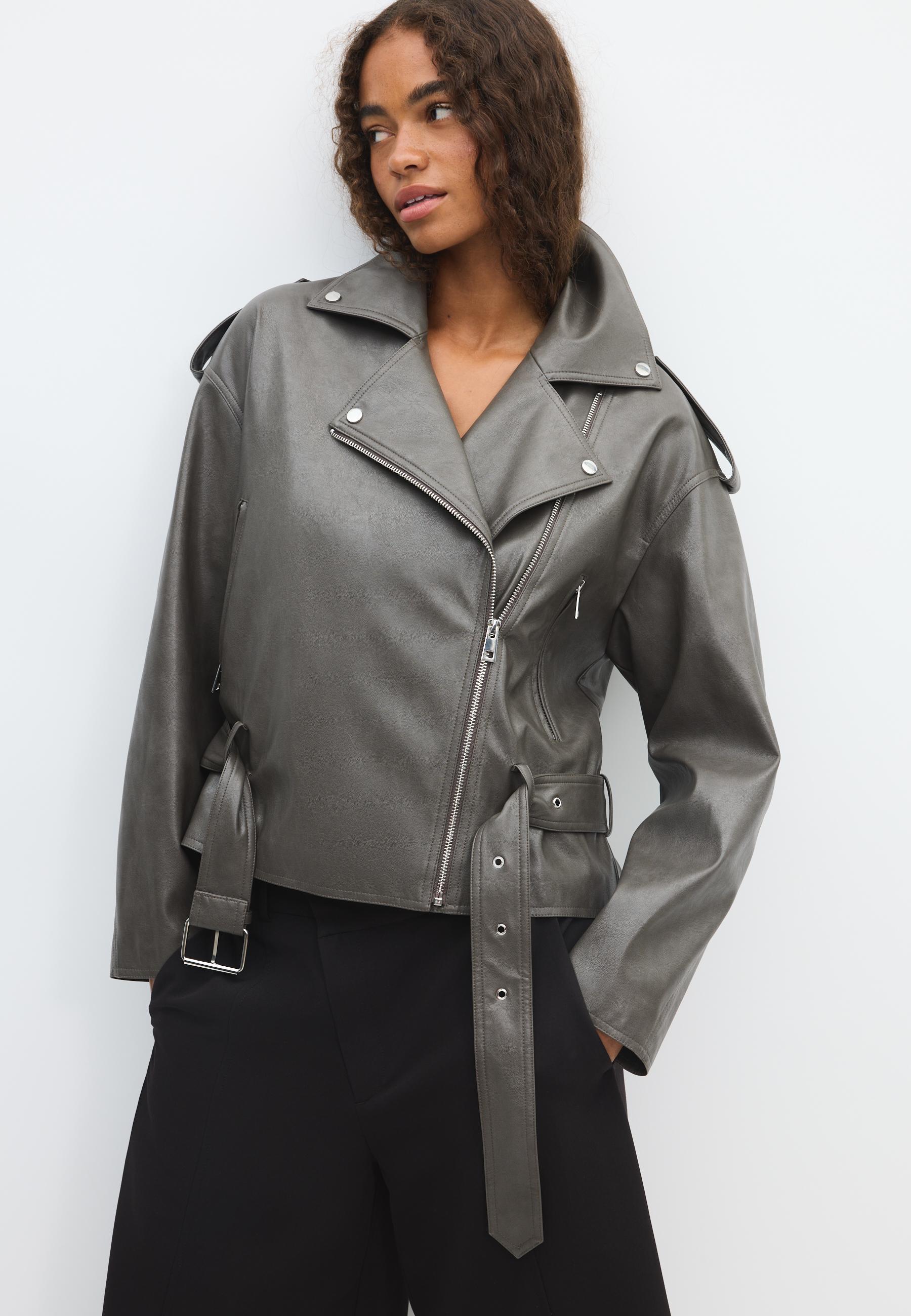Stradivarius Τζάκετ Biker Με Ζώνη Και Όψη Δέρματος Ανθρακί Xl