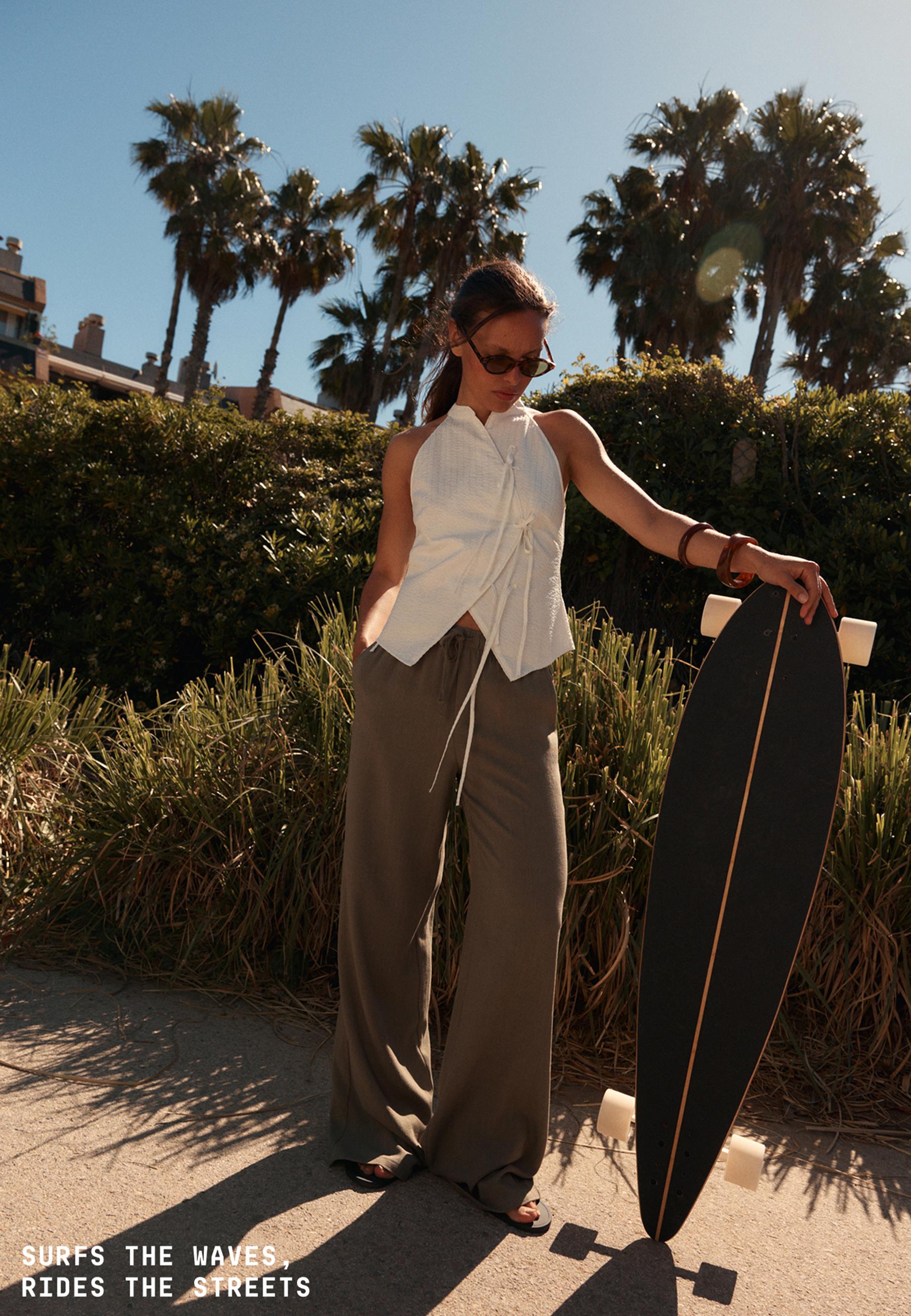 Straight-leg linen-look trousers — Khaki