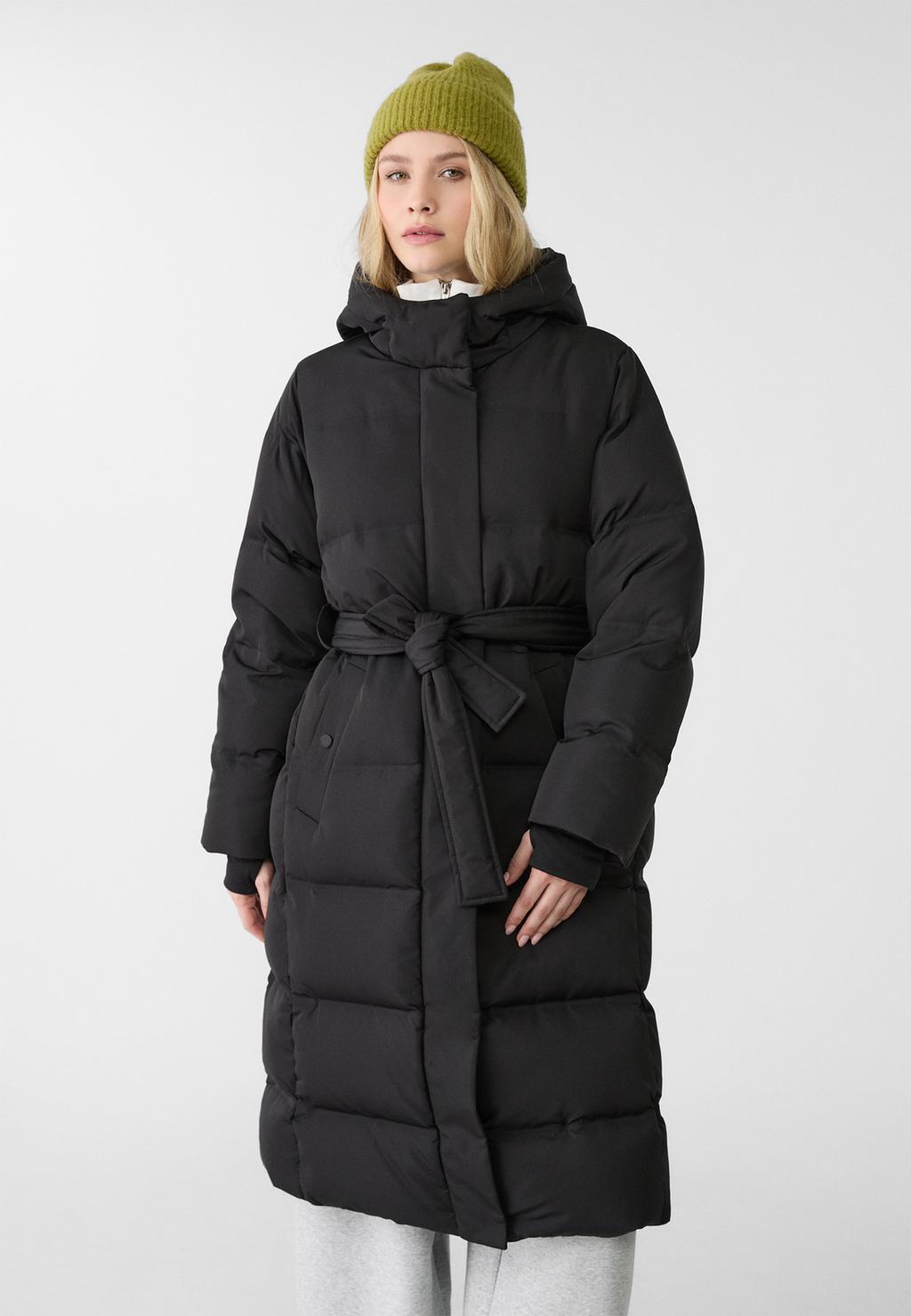 Long puffer down coat with belt