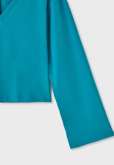 V-neck long sleeve Japanese-style top — Turquoise 9