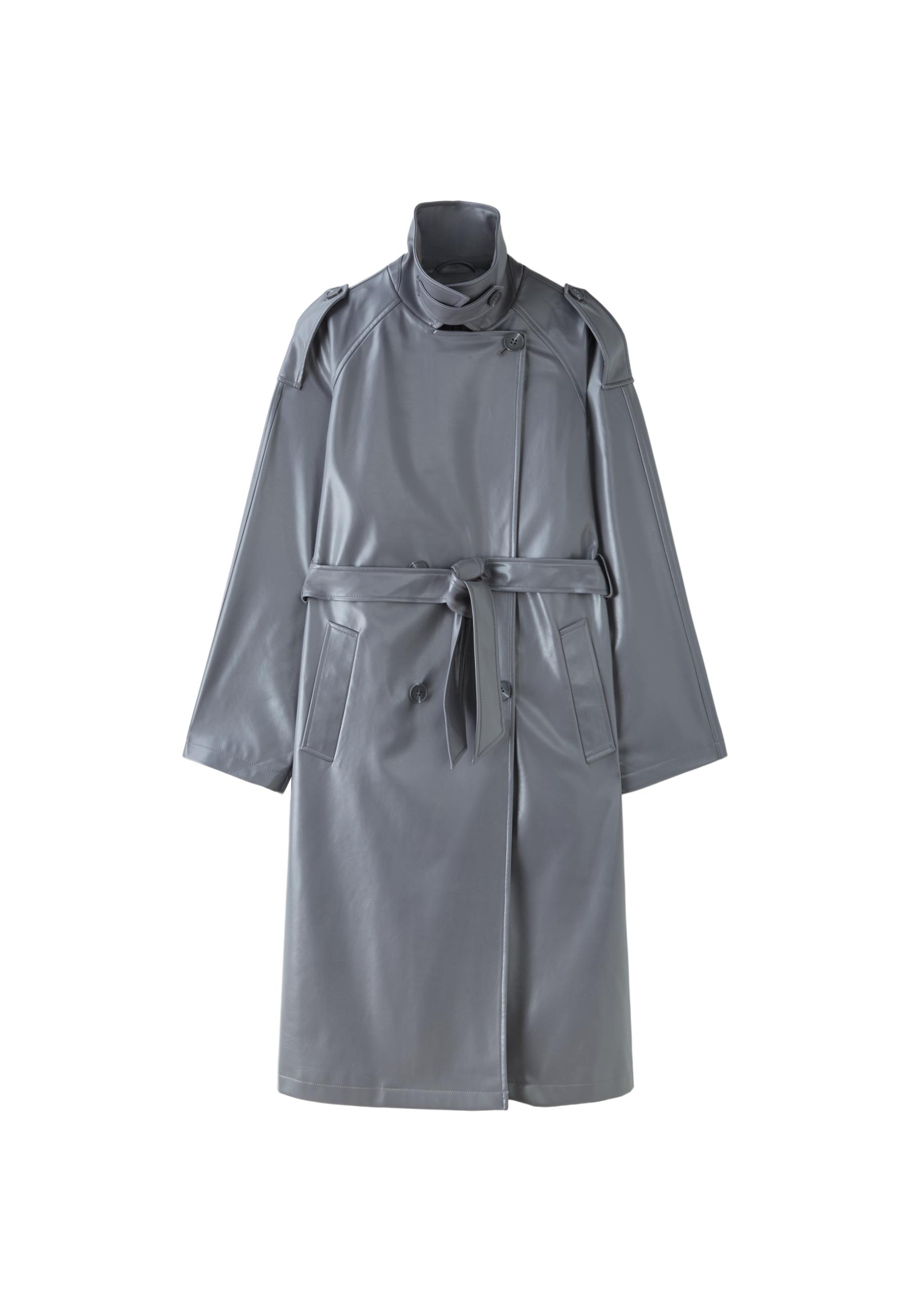 Long leather effect trench coat — Dark grey