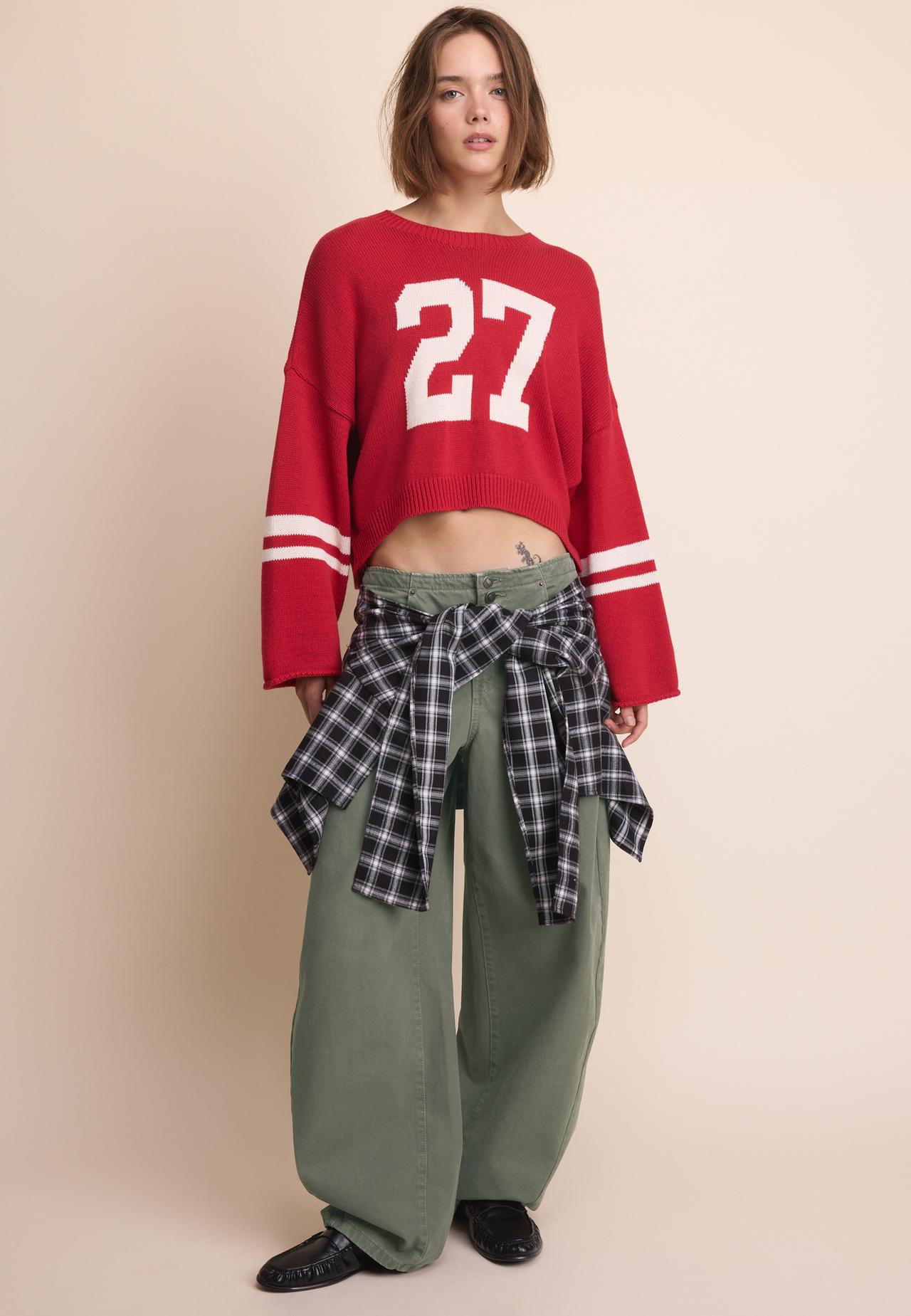 Number cropped knit jumper — Red