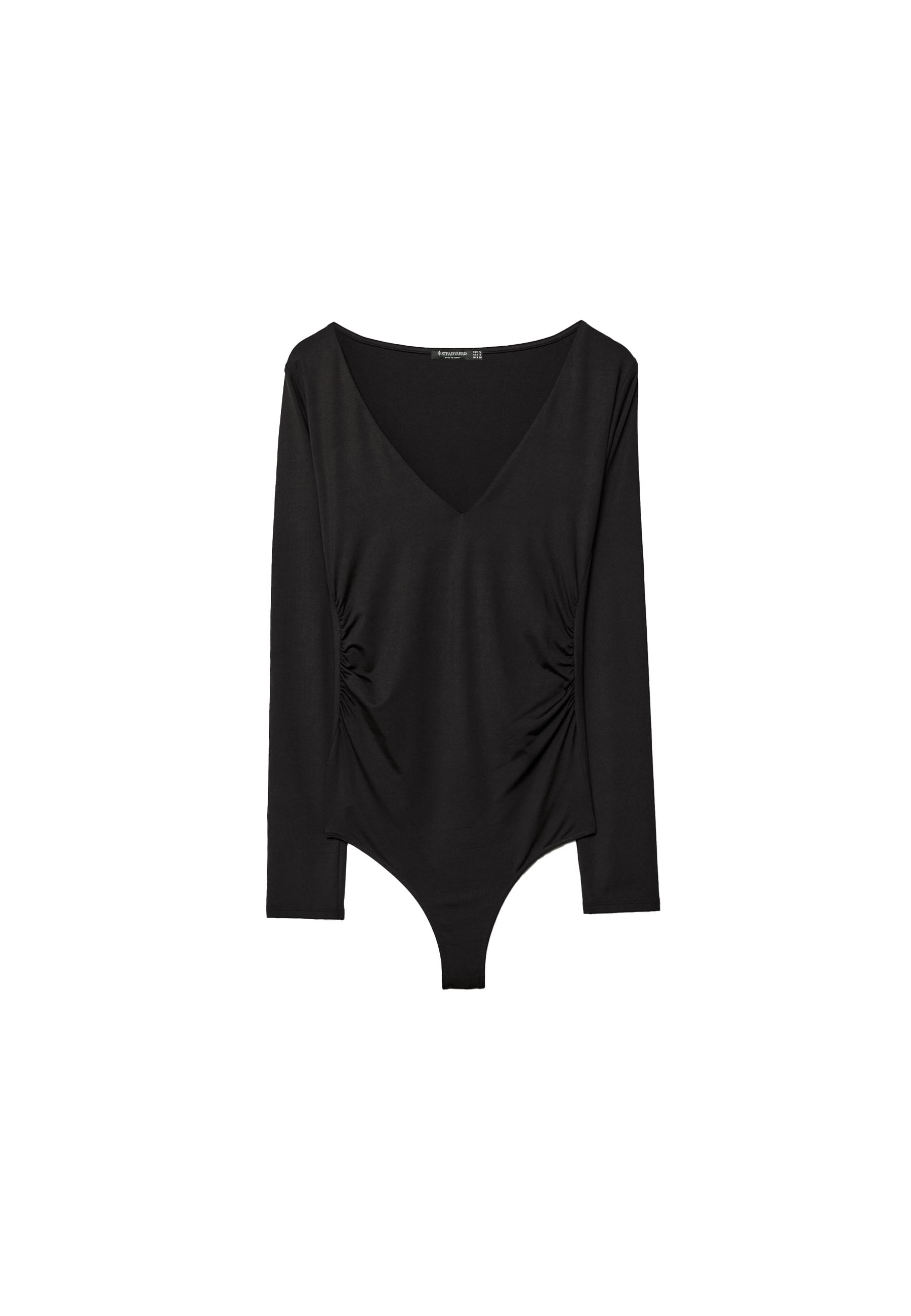 Gathered polyamide bodysuit with V-neckline — Black
