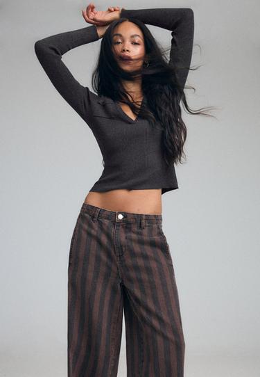 Striped seam barrel trousers — Brown 6