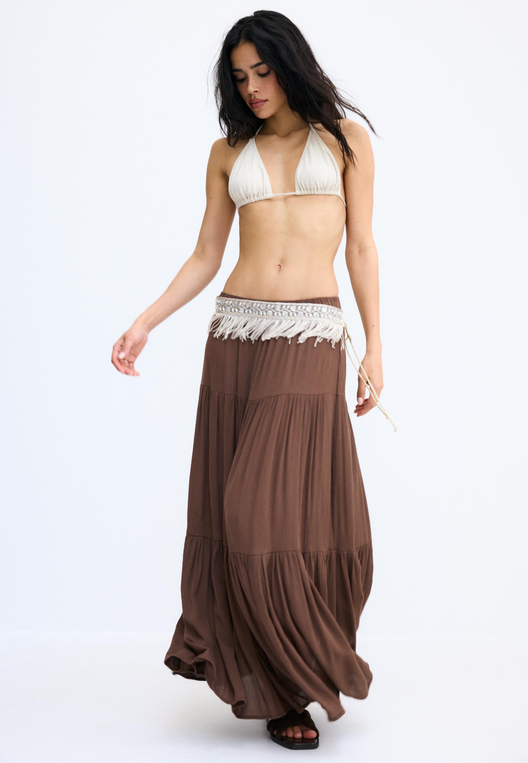 Faux pearl and fringe belt — Ecru