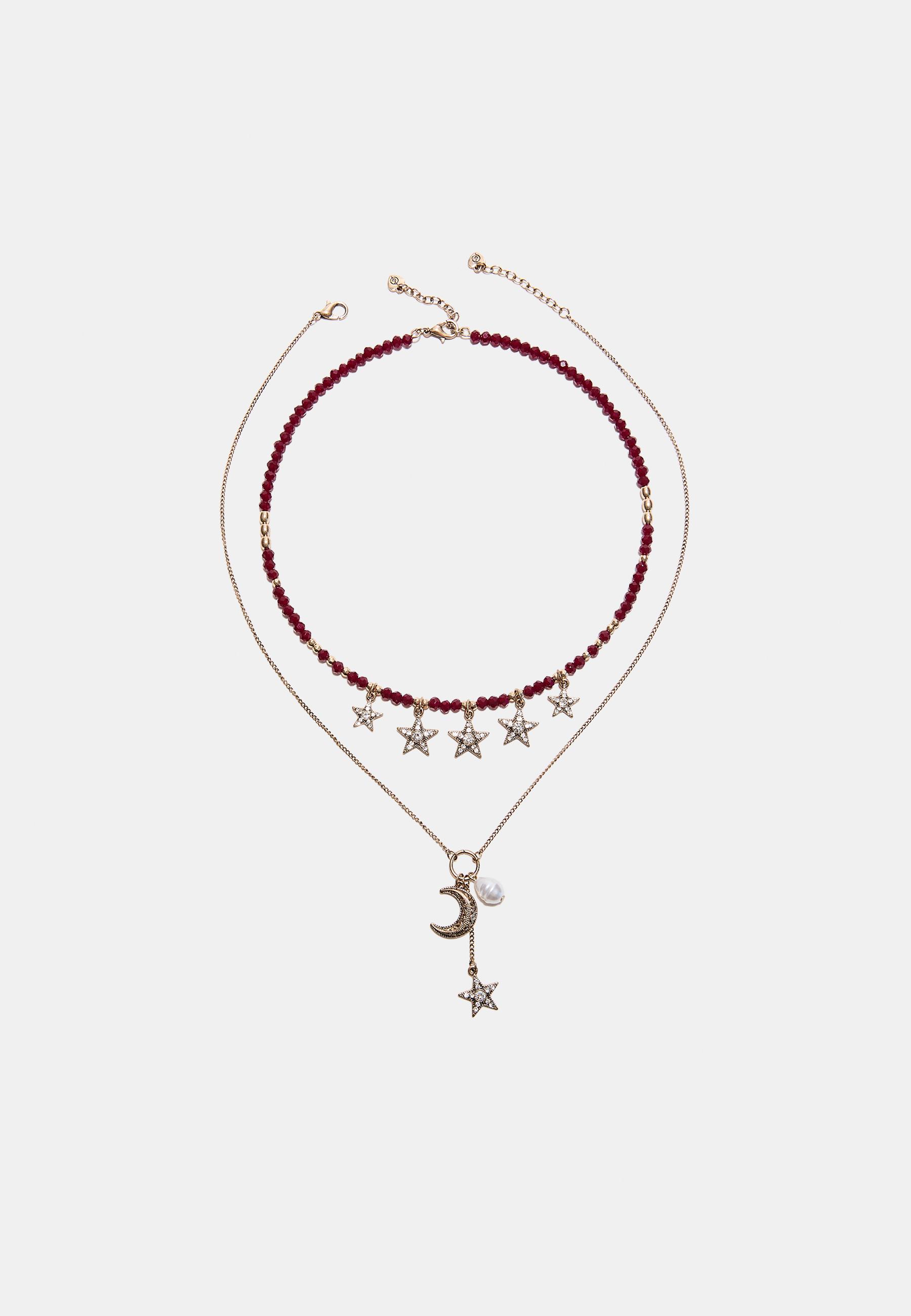 Set of 2 moon and star necklaces — Burgundy