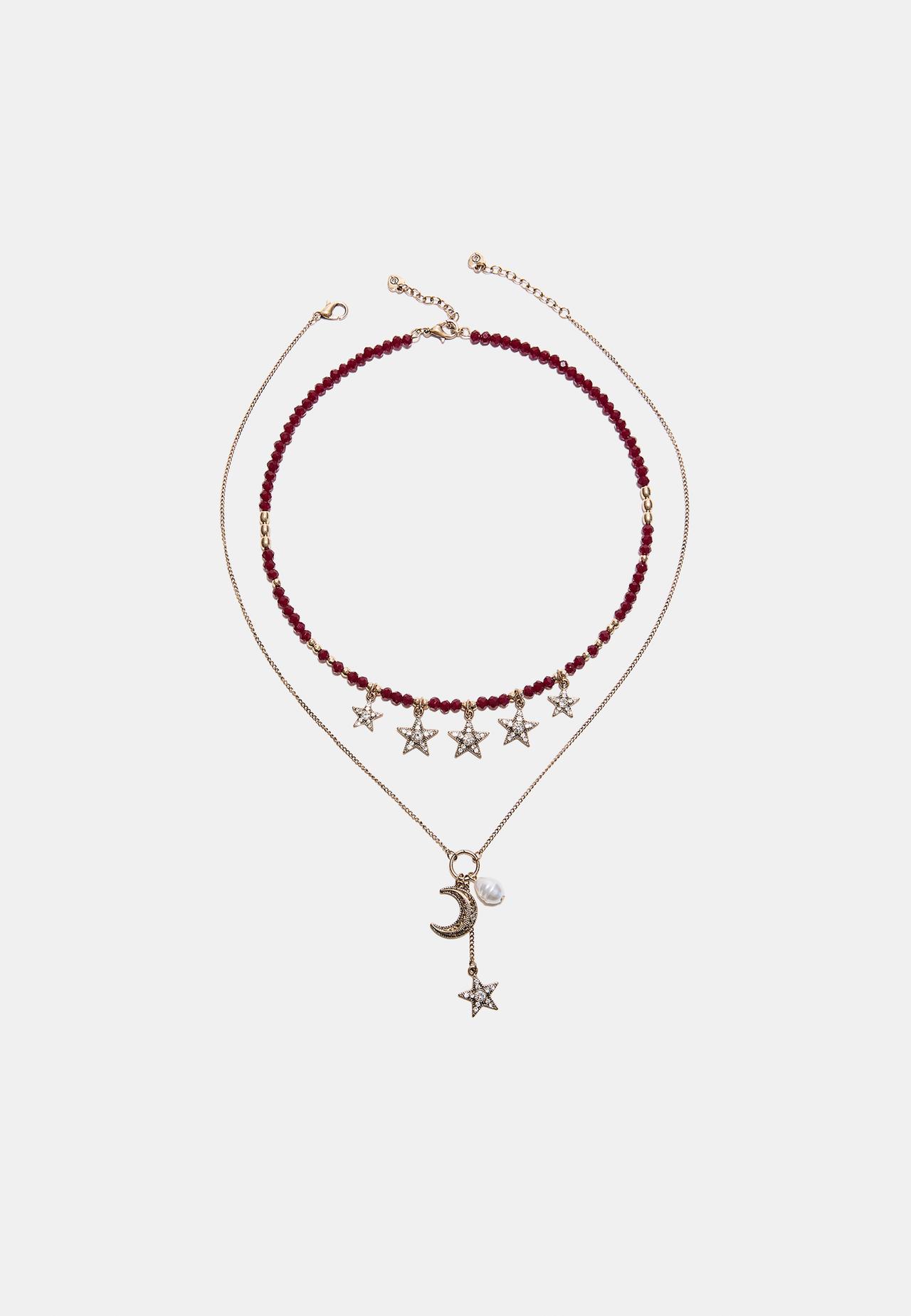 Set of 2 moon and star necklaces — Burgundy