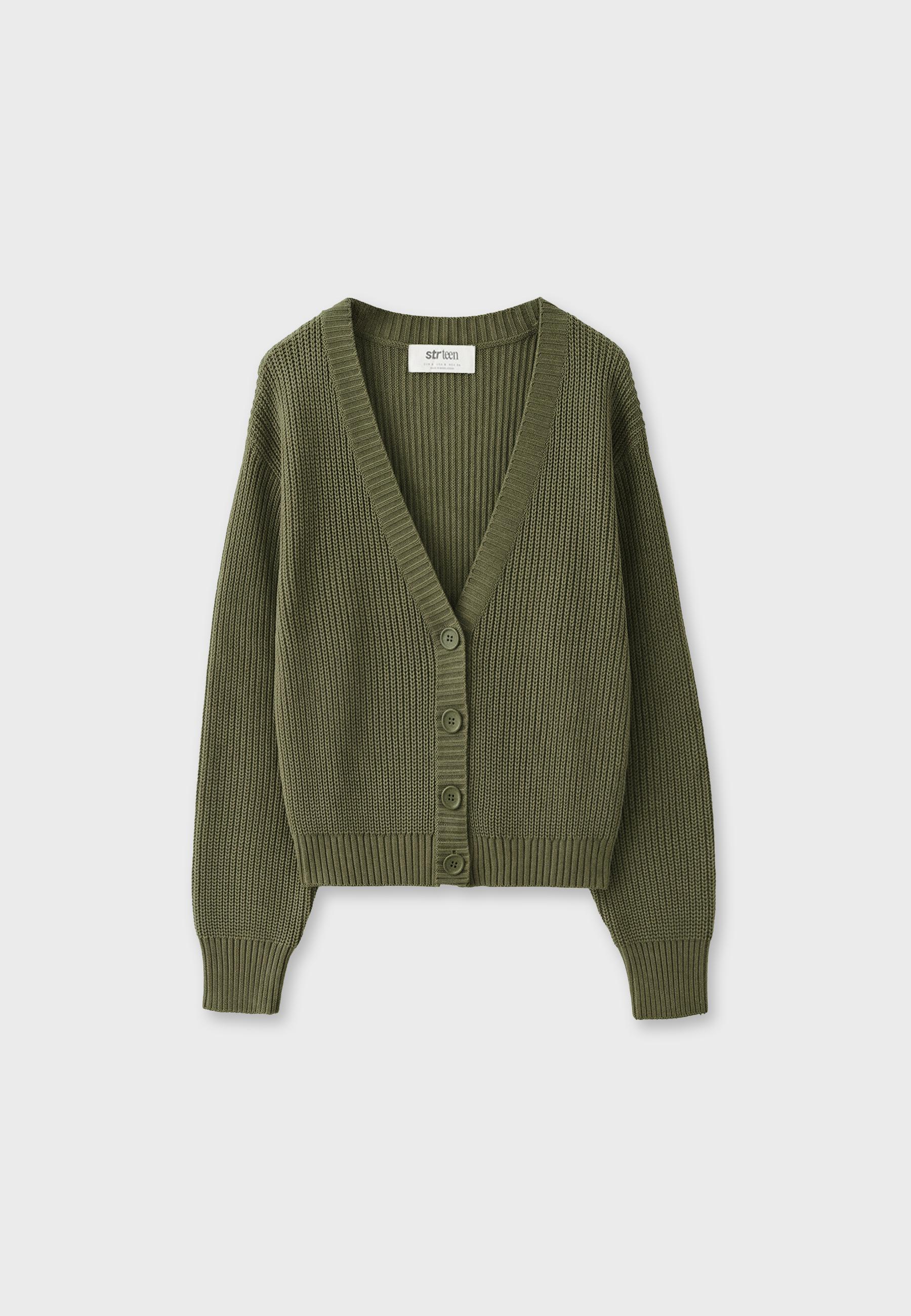 V-neck knit cardigan — Khaki