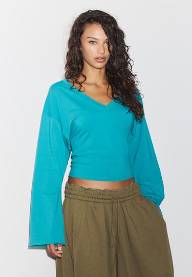 V-neck long sleeve Japanese-style top — Turquoise 3
