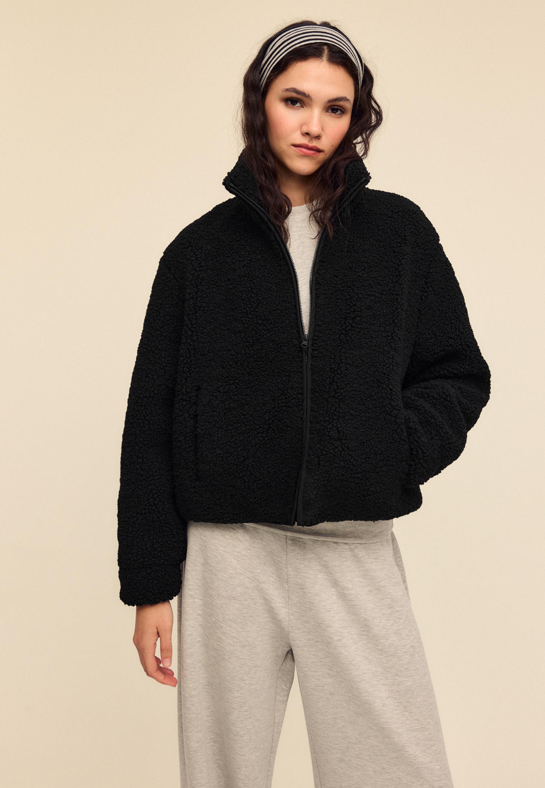Zip-up faux shearling lined jacket — Black
