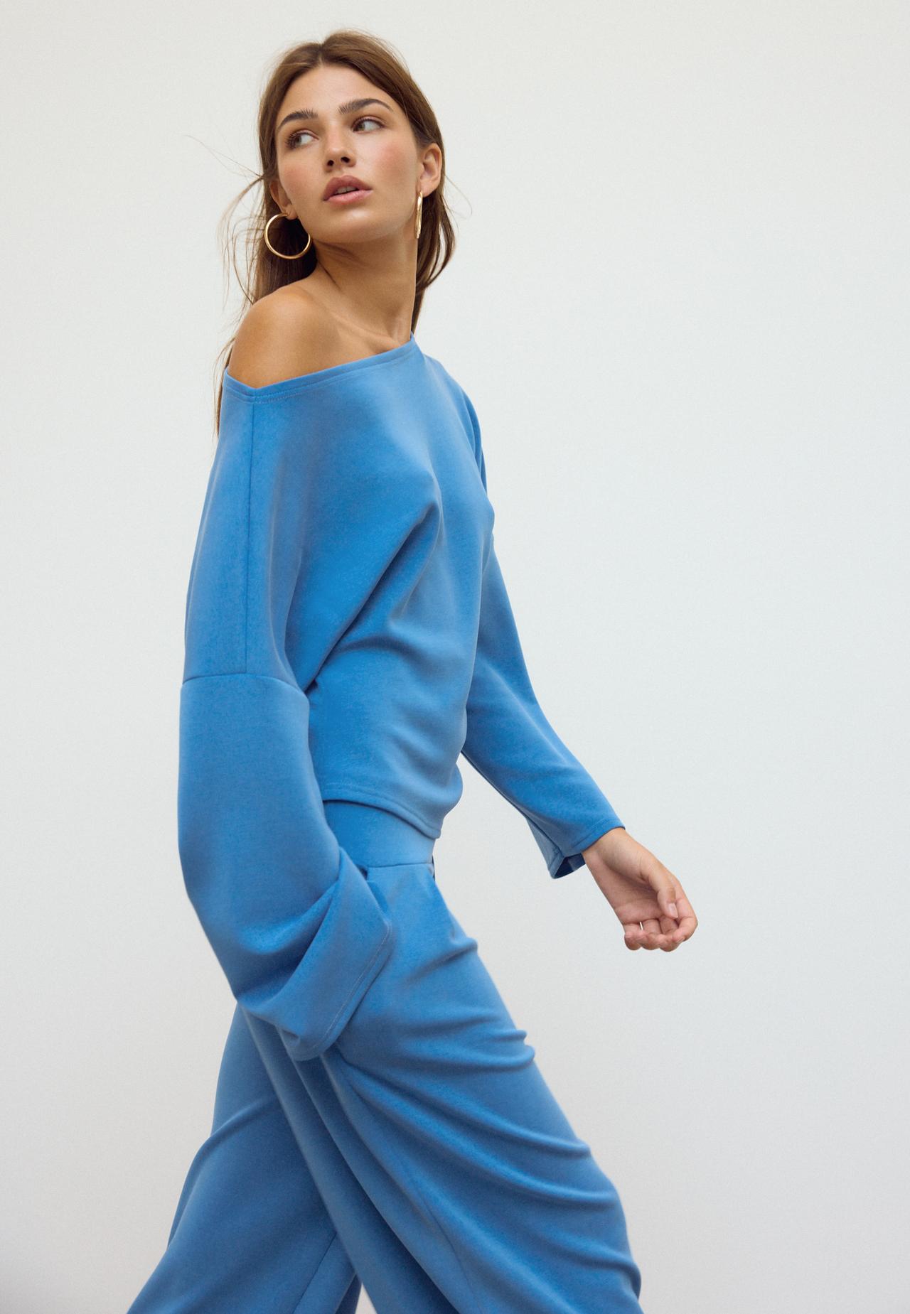 Asymmetric soft-touch ruched sweatshirt — Electric blue