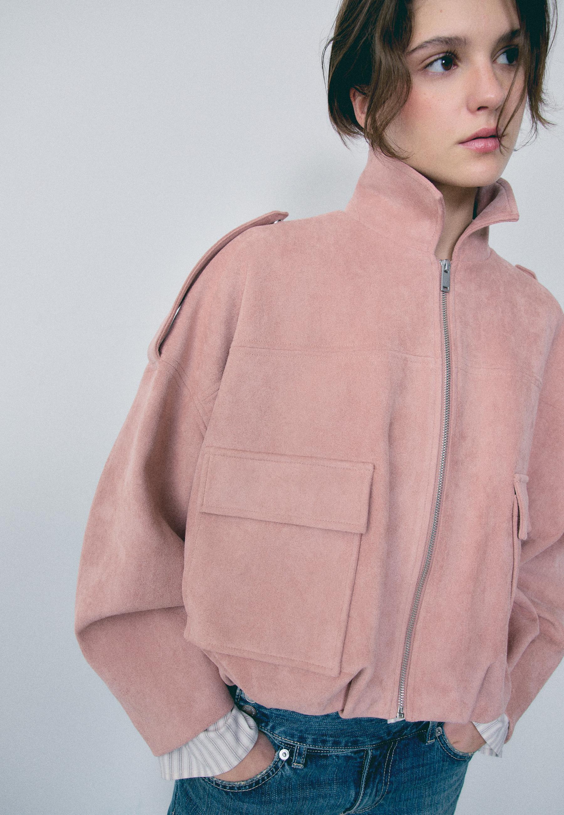Faux suede bomber jacket — Pastel pink