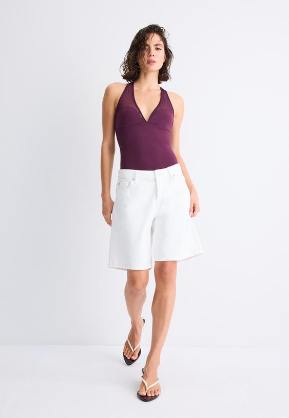 Stradivarius Mesh Halter Bodysuit Purple Xs