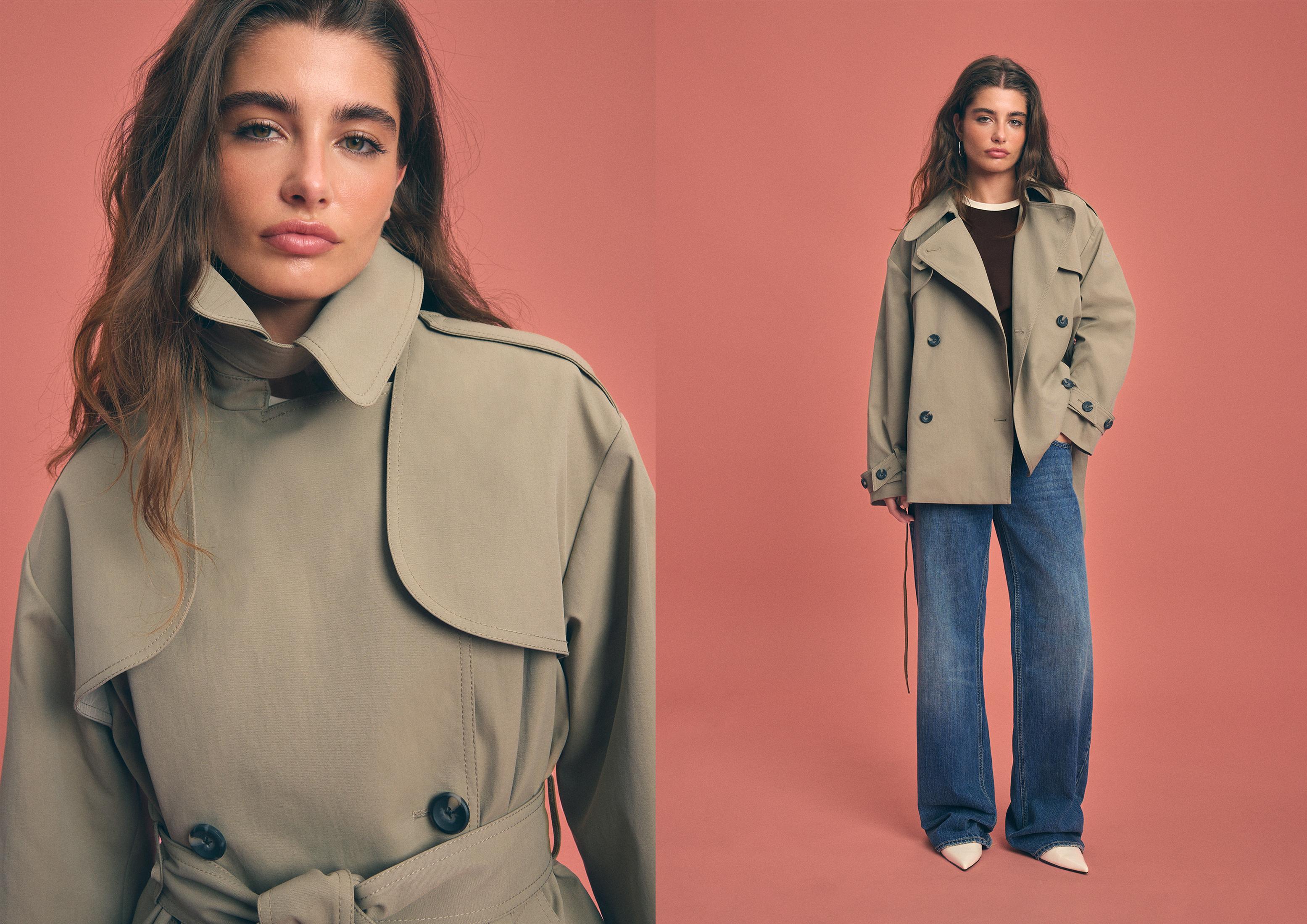 High-neck regular trench coat — Beige