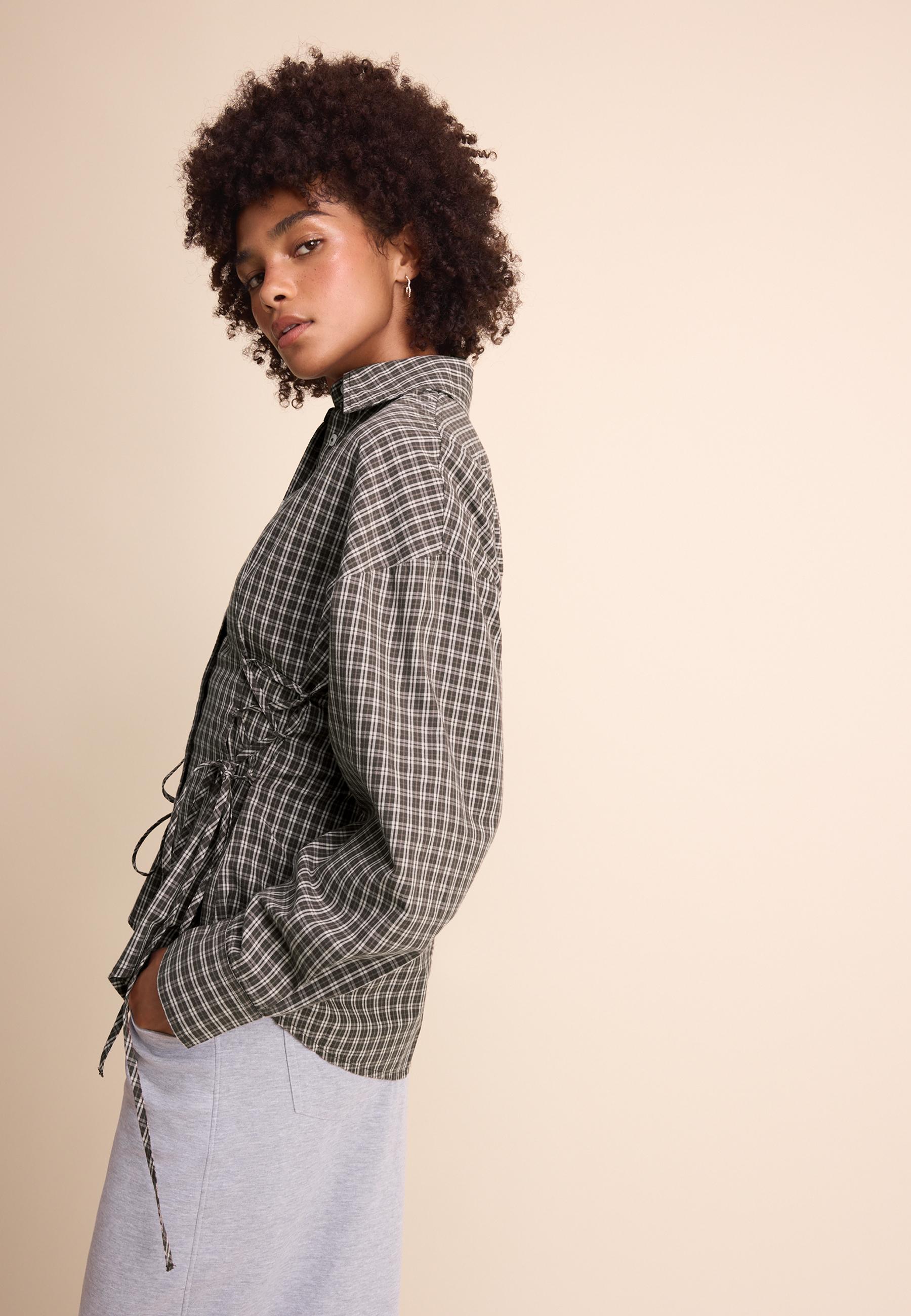 Check shirt with tie detail — Brown