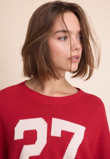 Number cropped knit jumper — Red 4