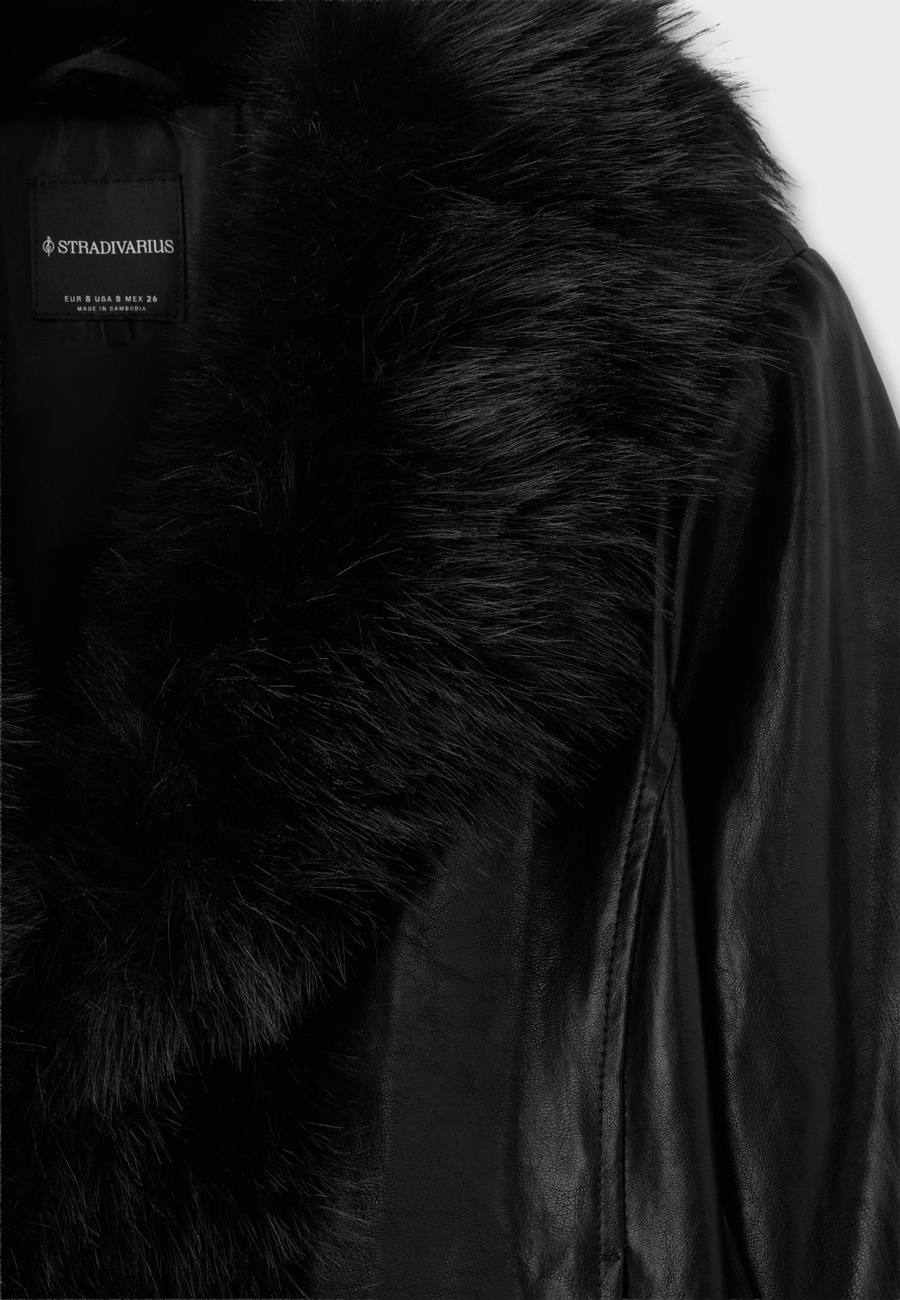 Fitted leather effect jacket with faux fur collar — Black