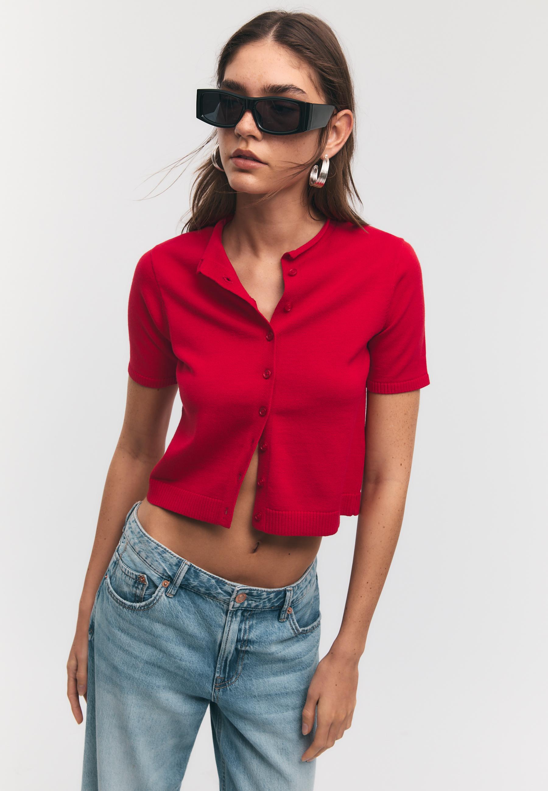 Stand collar buttoned knit cardigan — Red