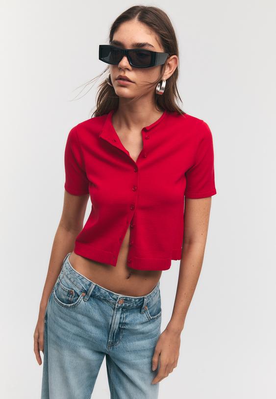 Stradivarius Stand Collar Buttoned Knit Cardigan Red L