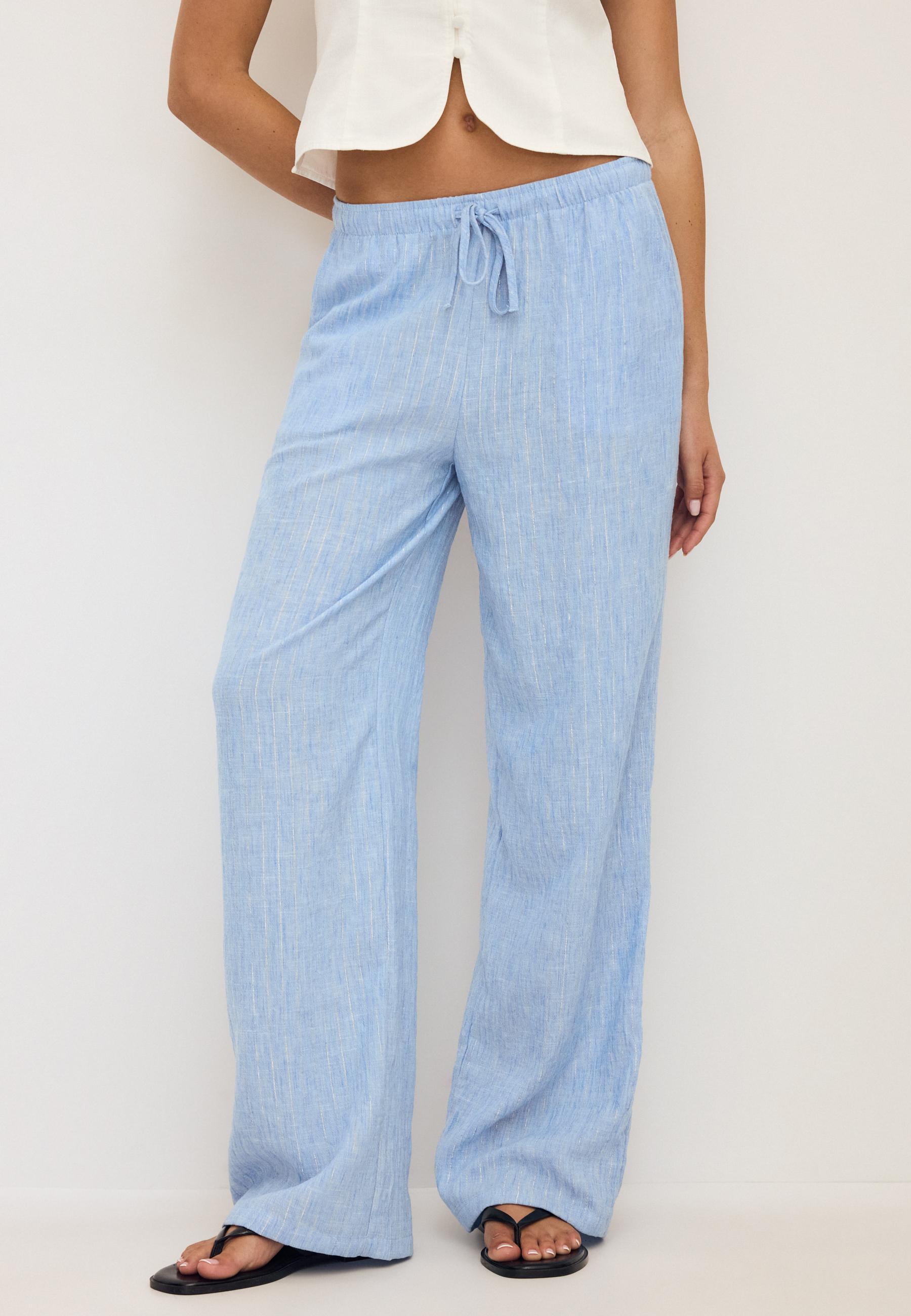 Flowing metallic thread linen-effect trousers — Blue