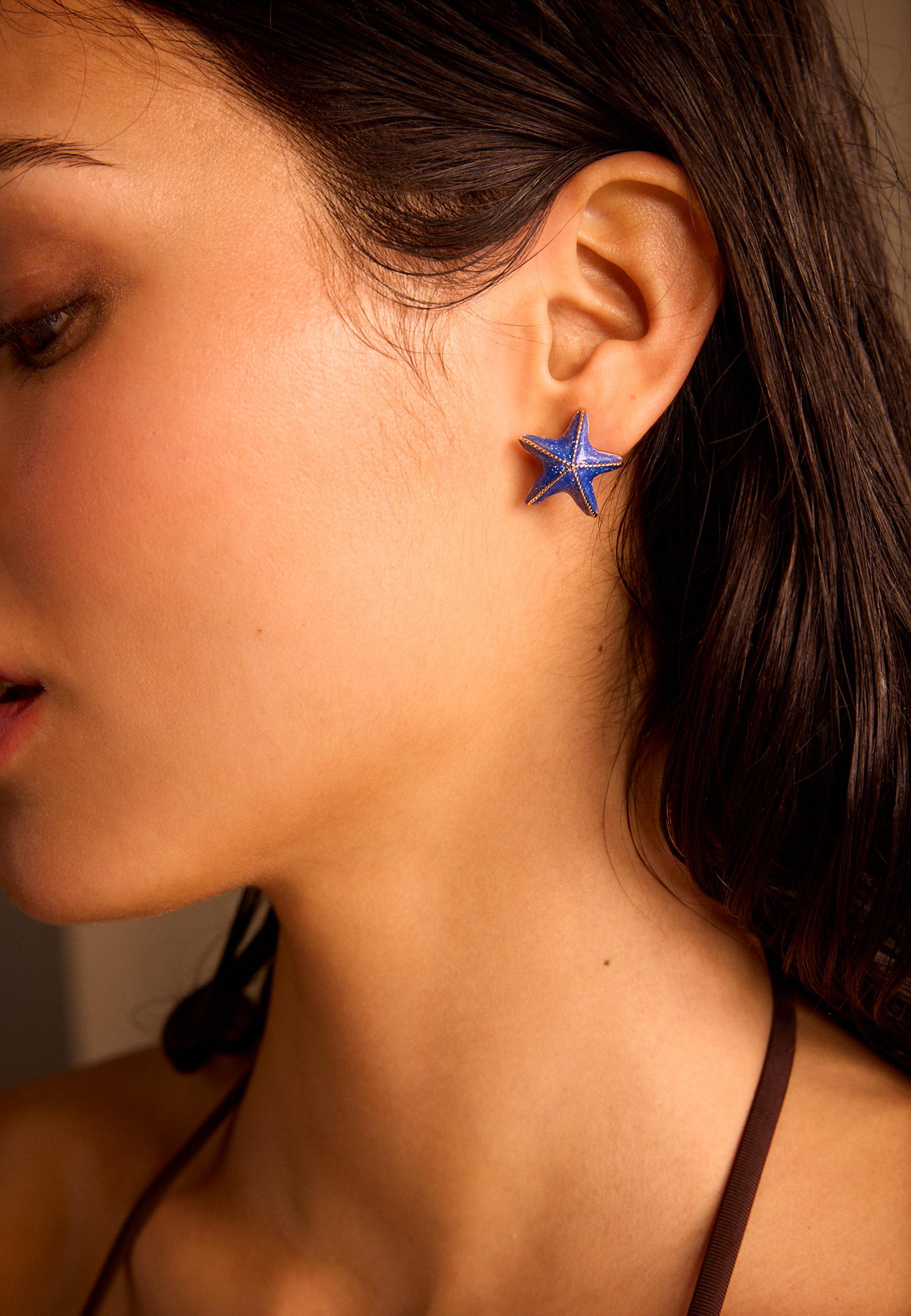 Set of 3 enamel star and hoop earrings — Blue