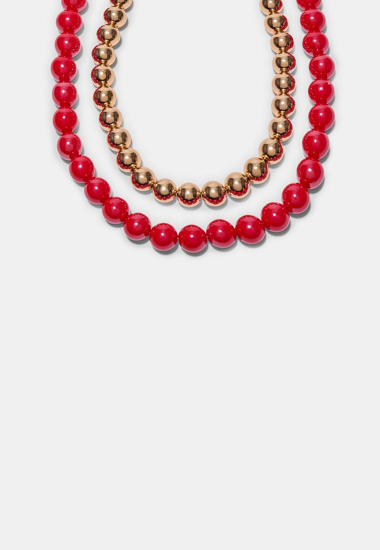 Stradivarius Σετ 2 Κολιέ Με Χάντρες Κόκκινο Os