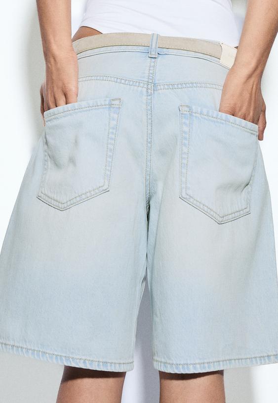 Stradivarius Bermuda En Jean Avec Ceinture Denim Bleu Clair Délavé 32