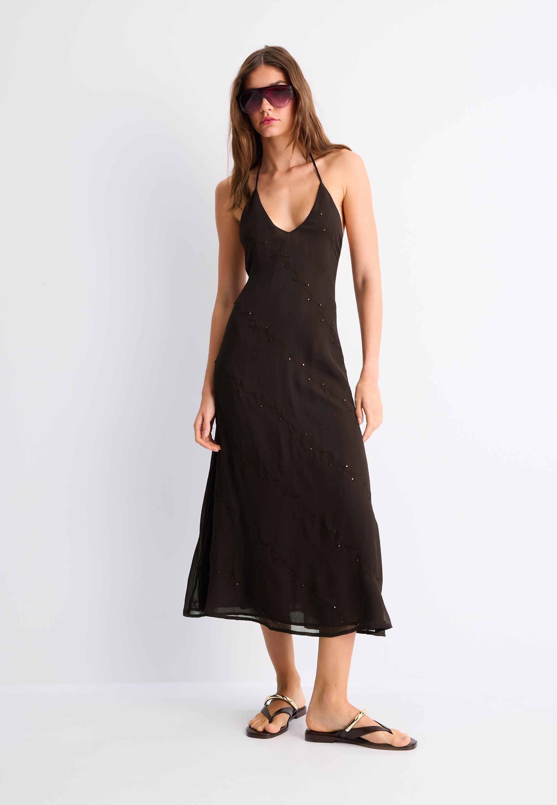 Long halter embroidered dress — Brown