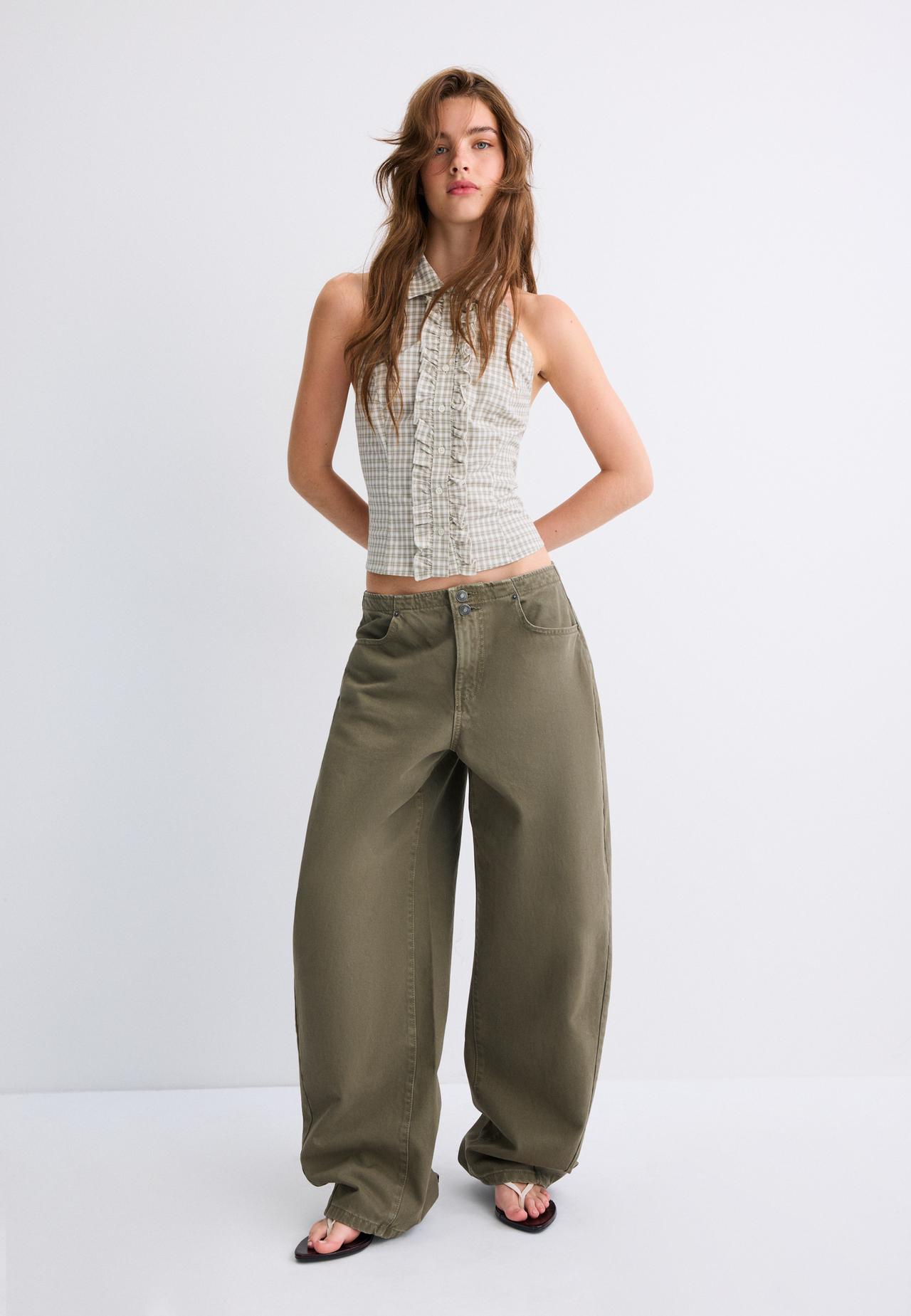Check print halter top — Khaki