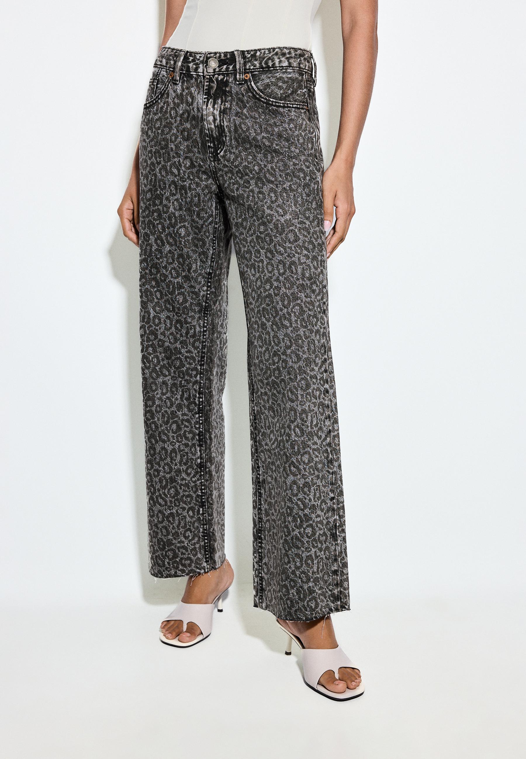Straight wide-leg leopard print jeans — BLACK DENIM WASHED EFFECT