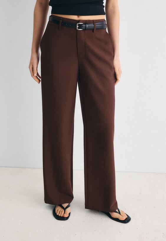Stradivarius Pantalon Fluide Droit Ceinture Marron 36