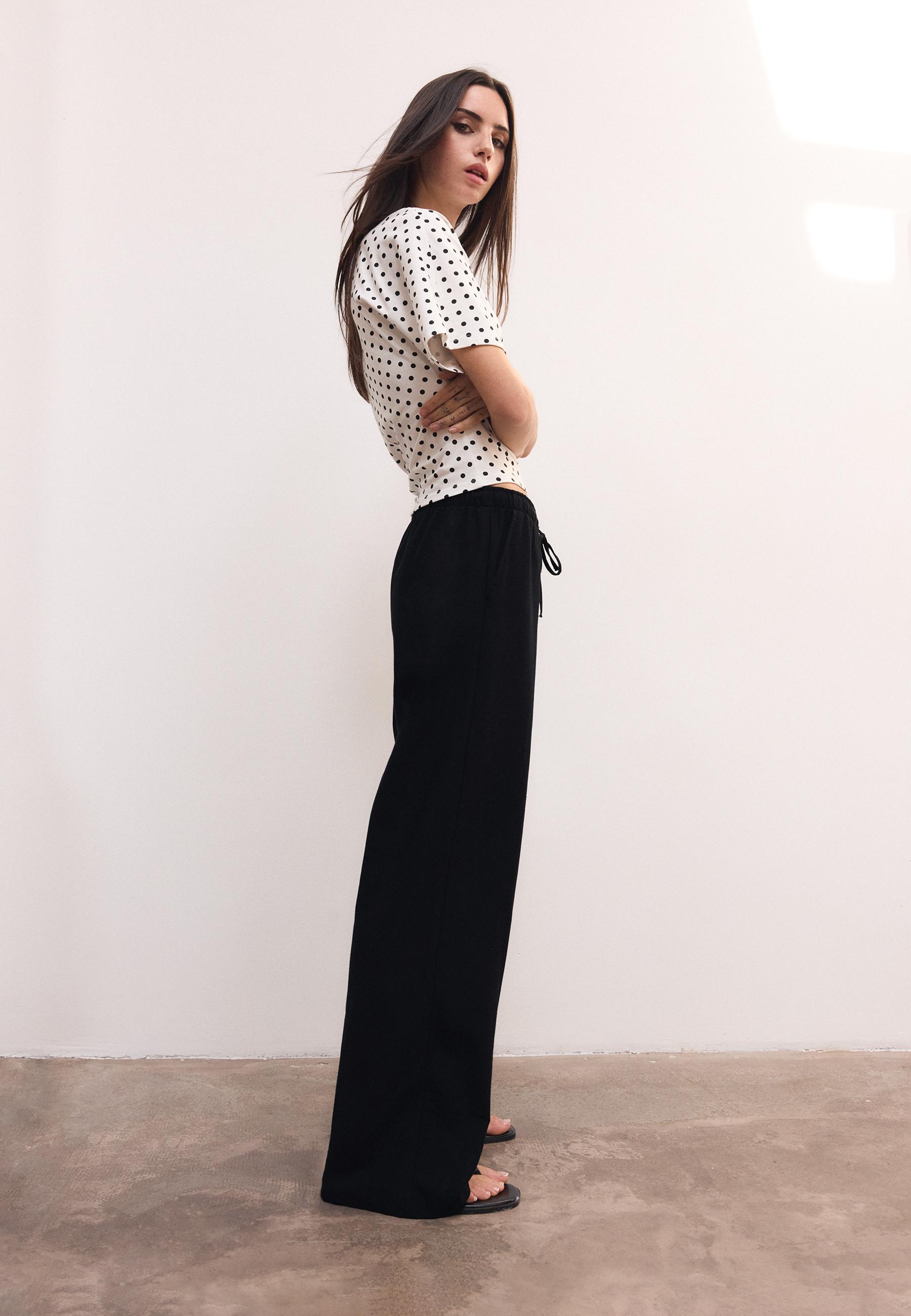 Linen-effect drawstring trousers — Black