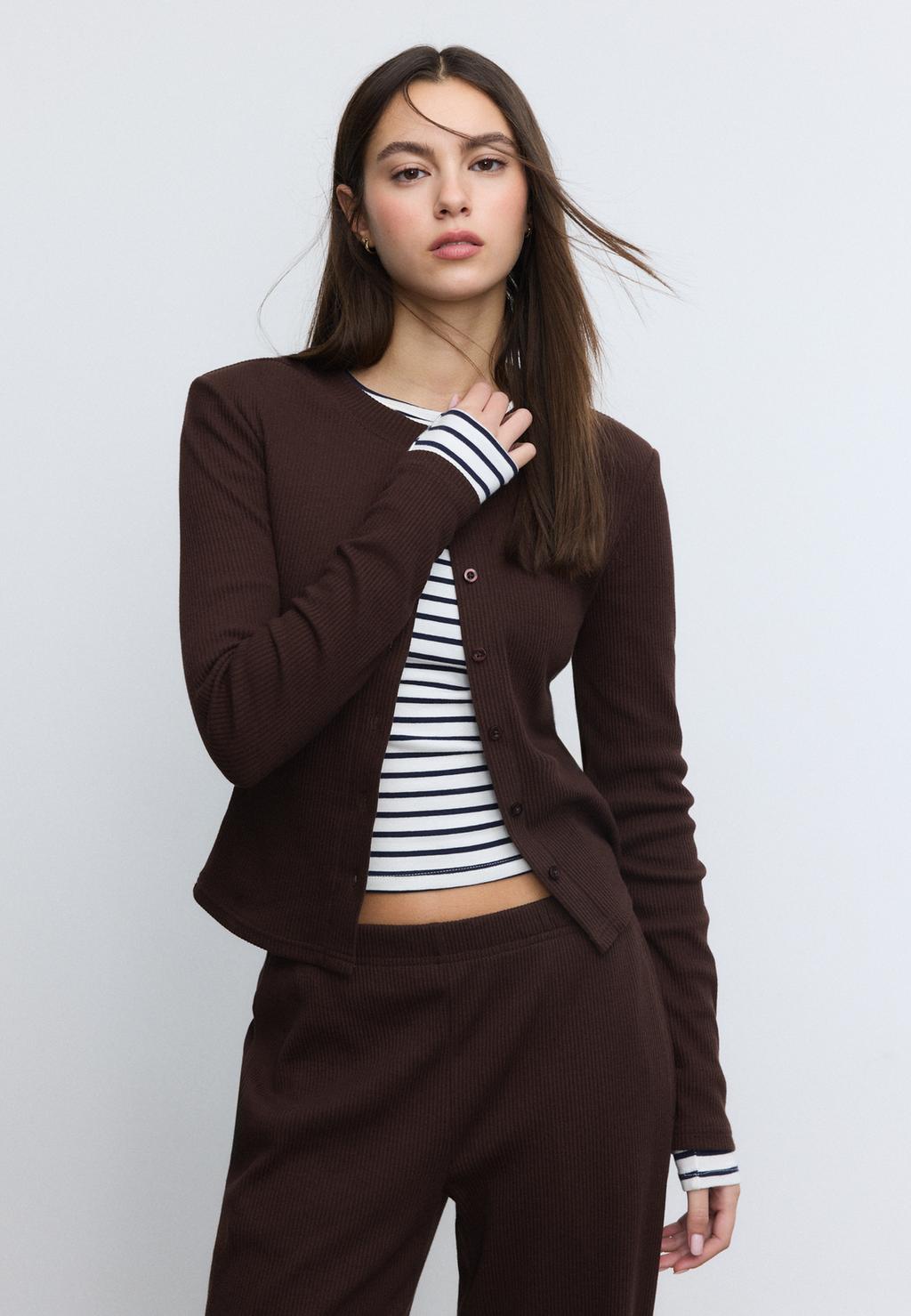 Knit cardigan with padded shoulders