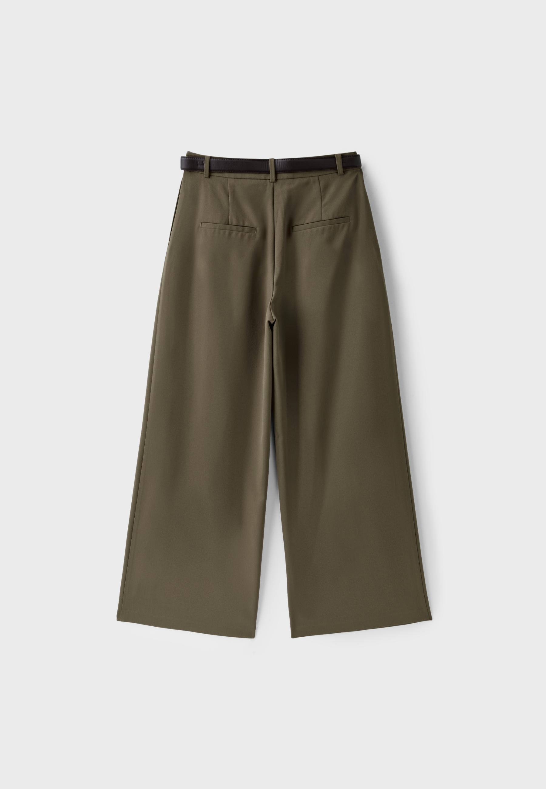 Wide-leg darted trousers with belt — Khaki